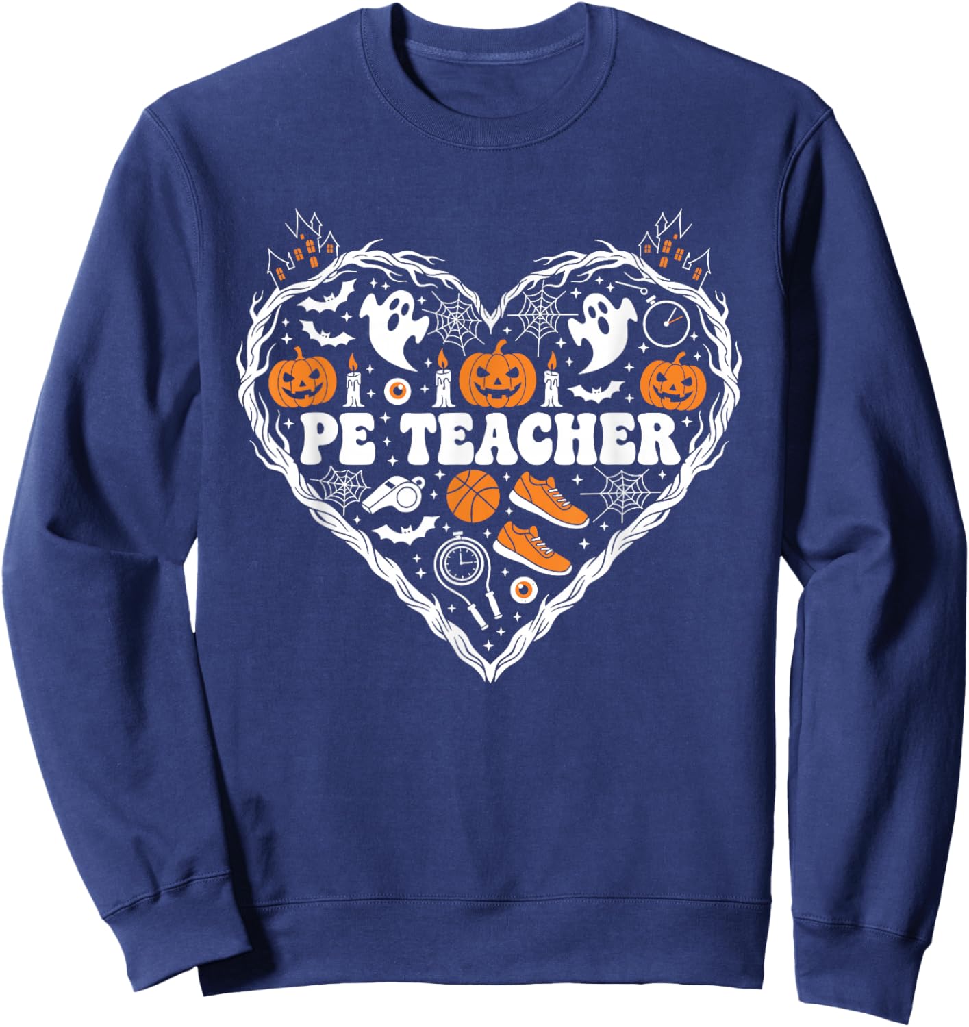 PE Teacher Heart Pumpkin Ghost Halloween Kids Sweatshirt - Sweatshirt | Navy