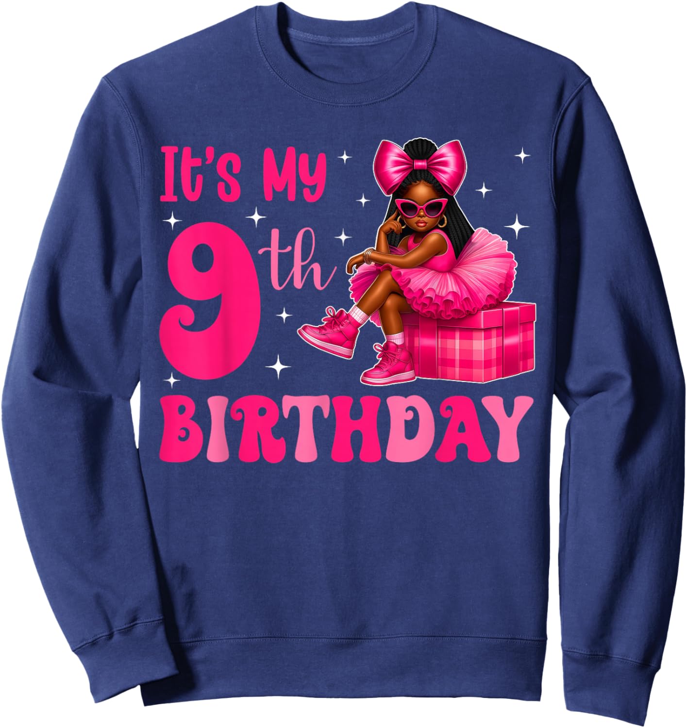 It's My 9th Birthday Bow 9 Years Old Black Girl Afro Kid Sweatshirt - Sweatshirt | Navy