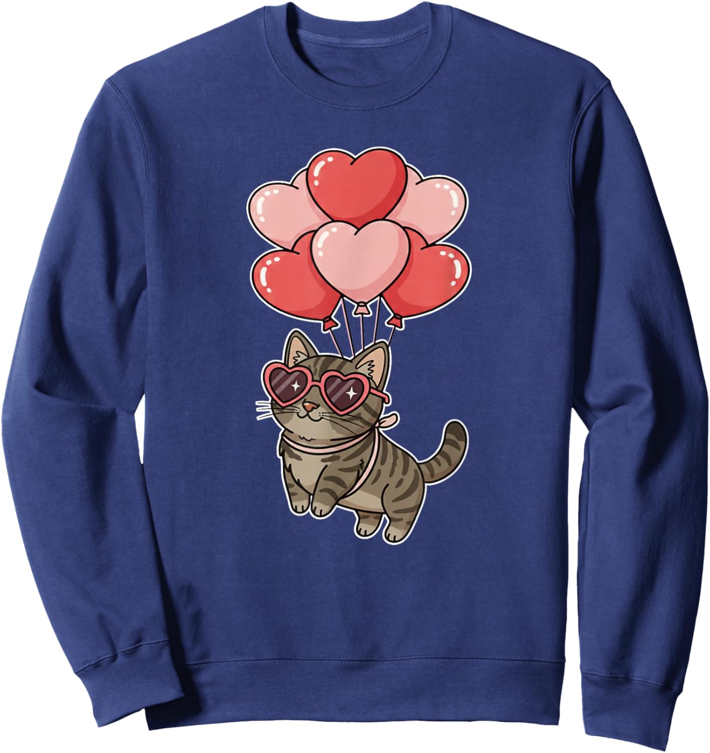 Girls Valentines Day Heart Balloons Brown Tabby Cat Sweatshirt - Sweatshirt | Navy