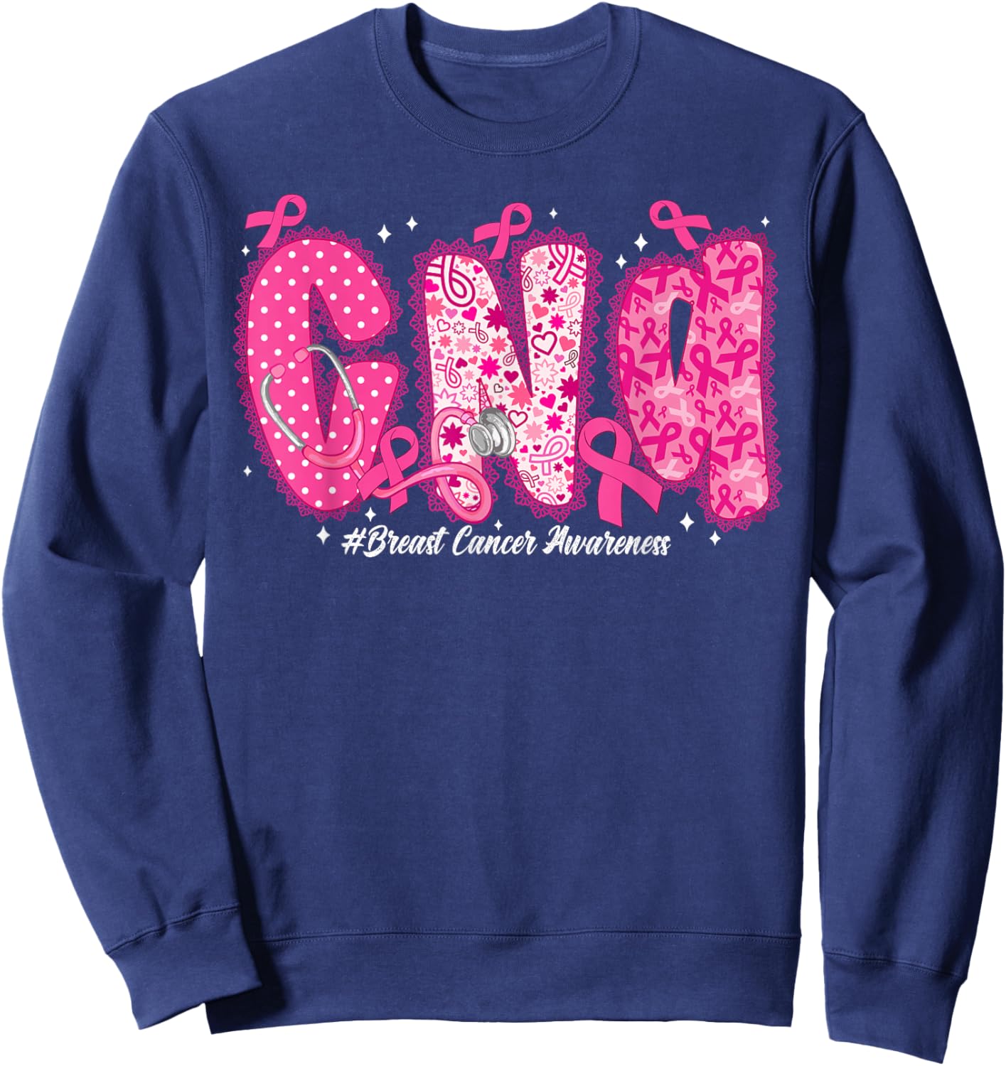 in October We Wear Pink CNA Nurse Breast Cancer Awareness Sweatshirt - Sweatshirt | Navy