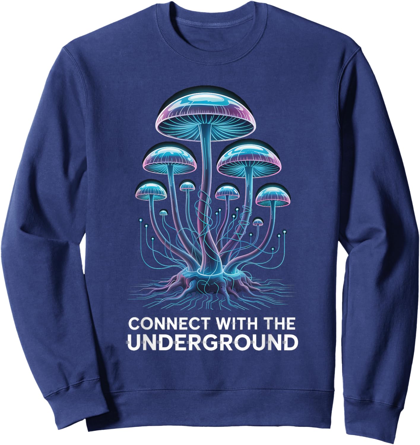 Luminous Cyber Mushroom Mycelium Network Tech Graphic Sweatshirt - Sweatshirt | Navy