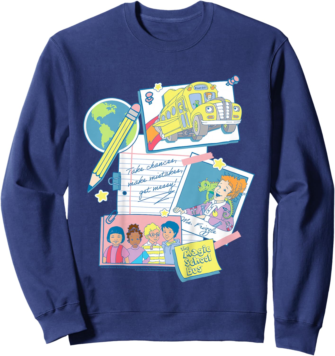 Kids The Magic School Bus Classroom Items Collage Retro Cartoon Sweatshirt - Sweatshirt | Navy