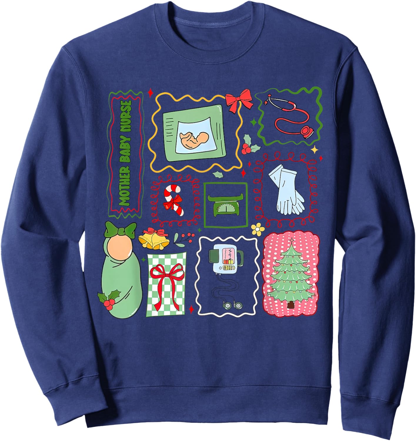 Mother Baby Nurse Christmas Stamp Postpartum Maternity Nurse Sweatshirt - Sweatshirt | Navy