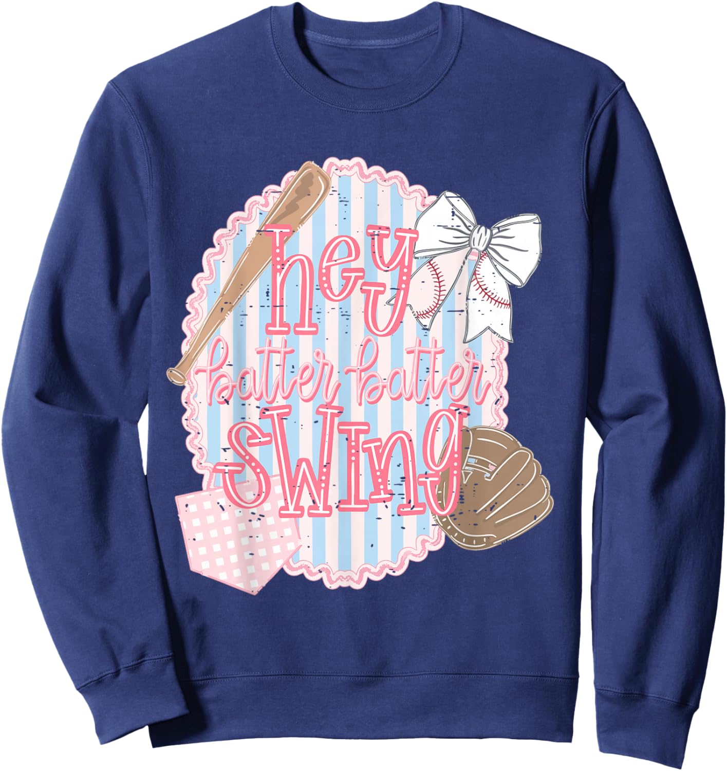 Hey Batter Batter Swing Baseball Game Day Coquette Bow Girly Sweatshirt - Sweatshirt | Navy