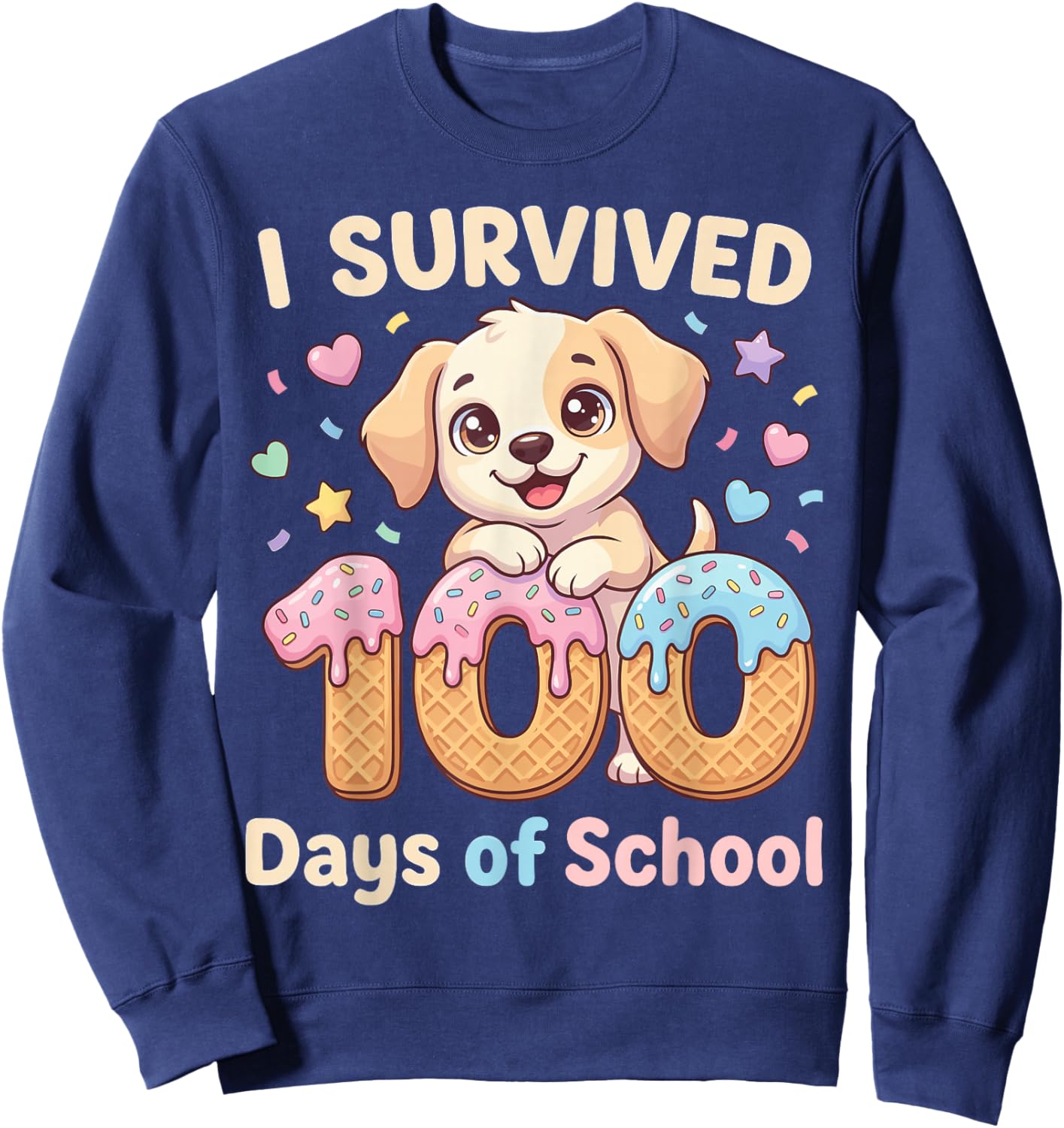 I Survived 100 Days of School Funny Punny Dog Ice Cream Drip Sweatshirt - Sweatshirt | Navy