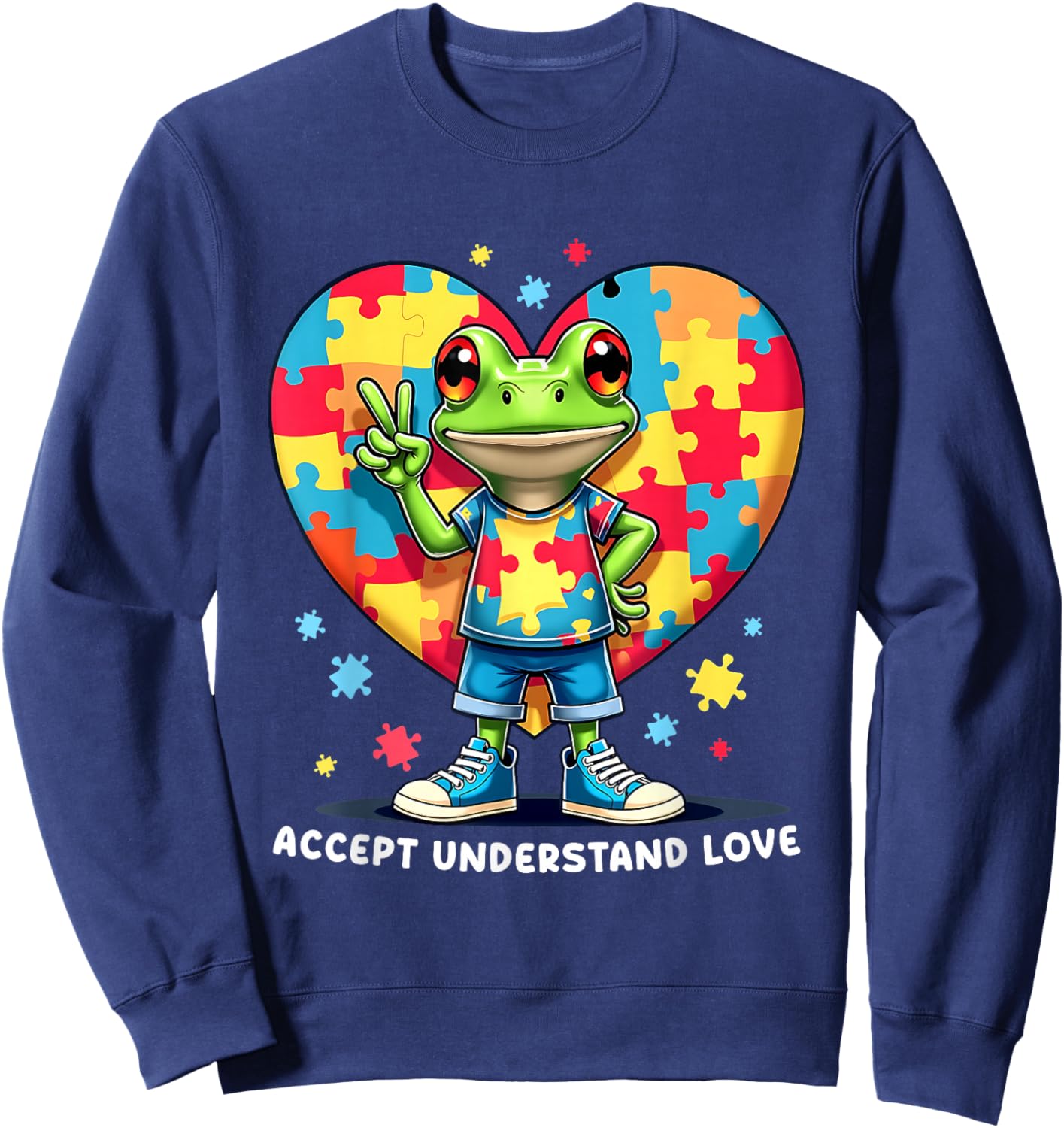 Puerto Rico Coqui Frog Autism Acceptance Puzzle Heart Art Sweatshirt - Sweatshirt | Navy