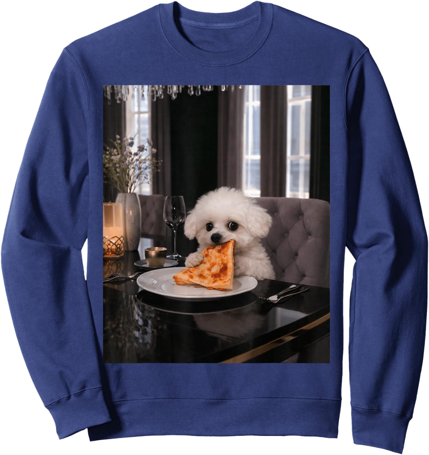 Funny Dog Meme Maltese Dog Eating Pizza Cozy Humor Sweatshirt - Sweatshirt | Navy