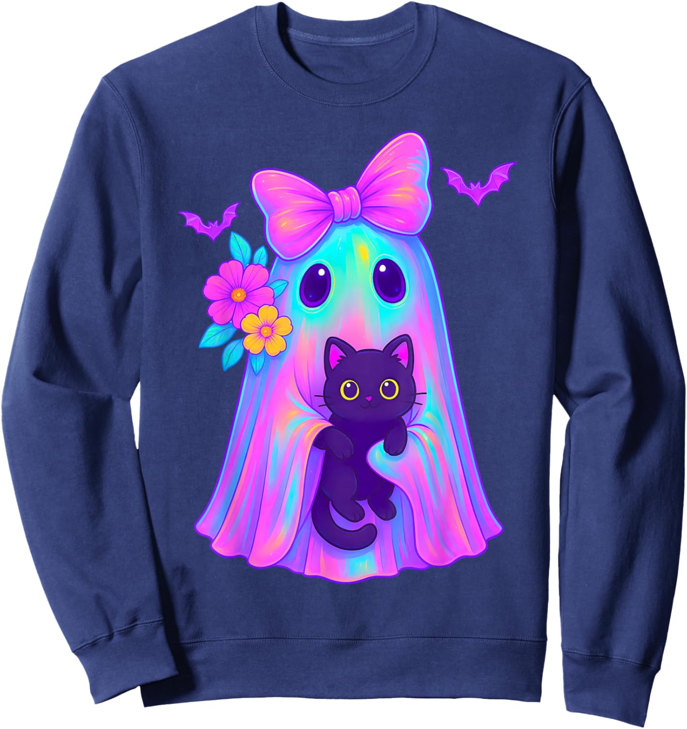 Cute Floral Ghost Holding a Cat Coquette Bow Halloween Women Sweatshirt - Sweatshirt | Navy