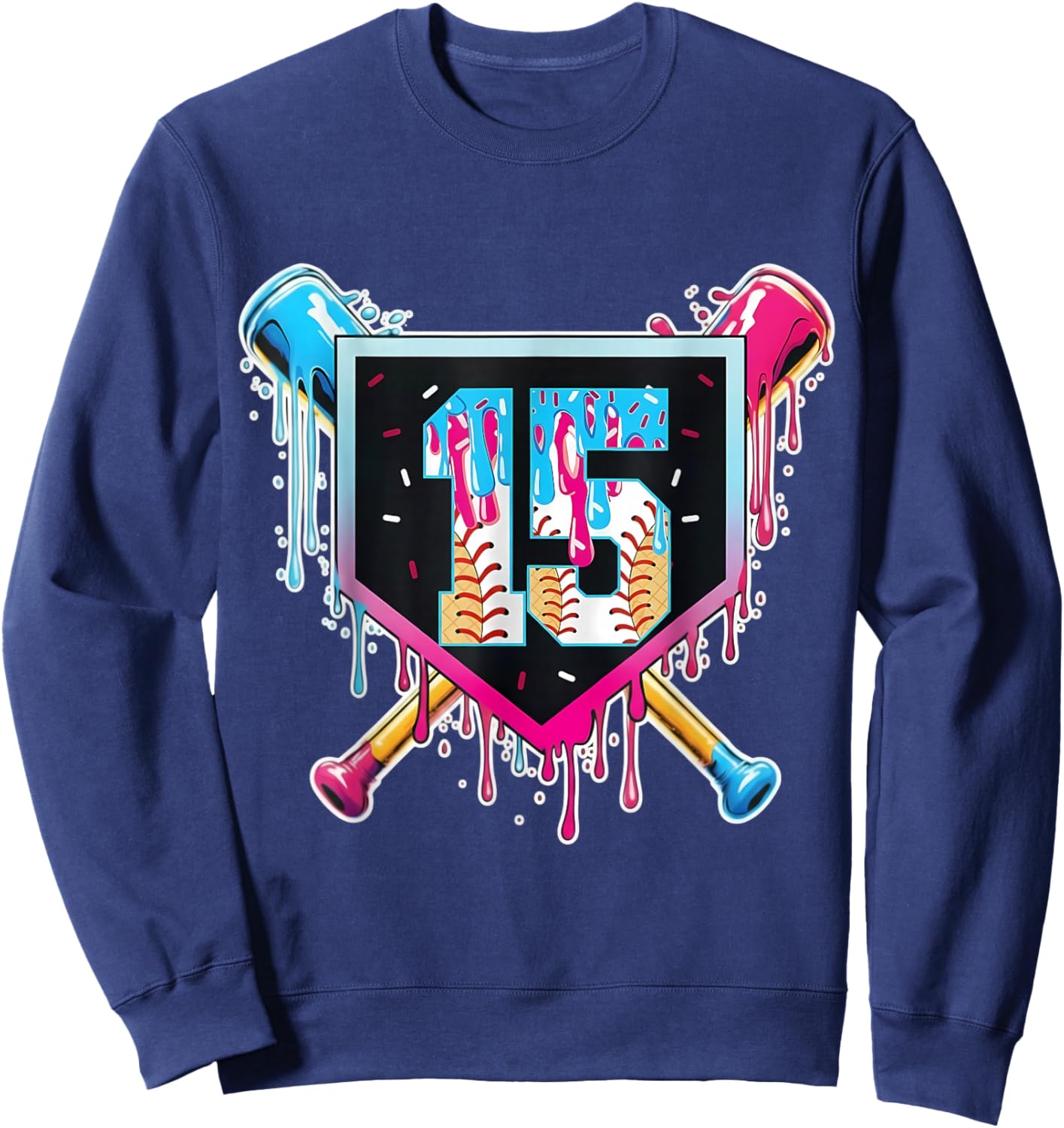 Baseball 15 Year Old Boy Ice Cream Drip 15th Birthday Player Sweatshirt - Sweatshirt | Navy