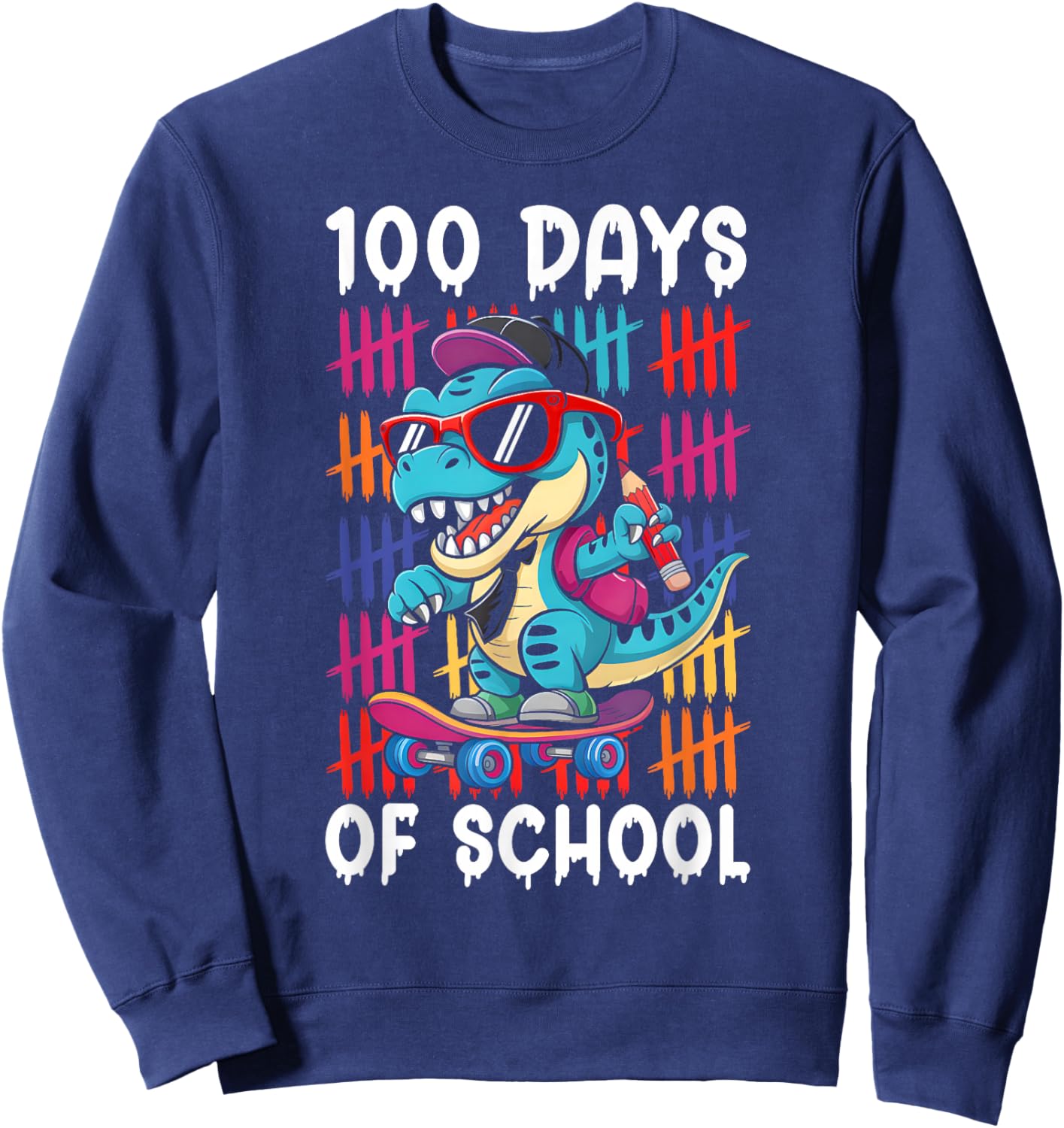 100 Days of School Dinosaur T Rex 100th Day School Boys Sweatshirt - Sweatshirt | Navy