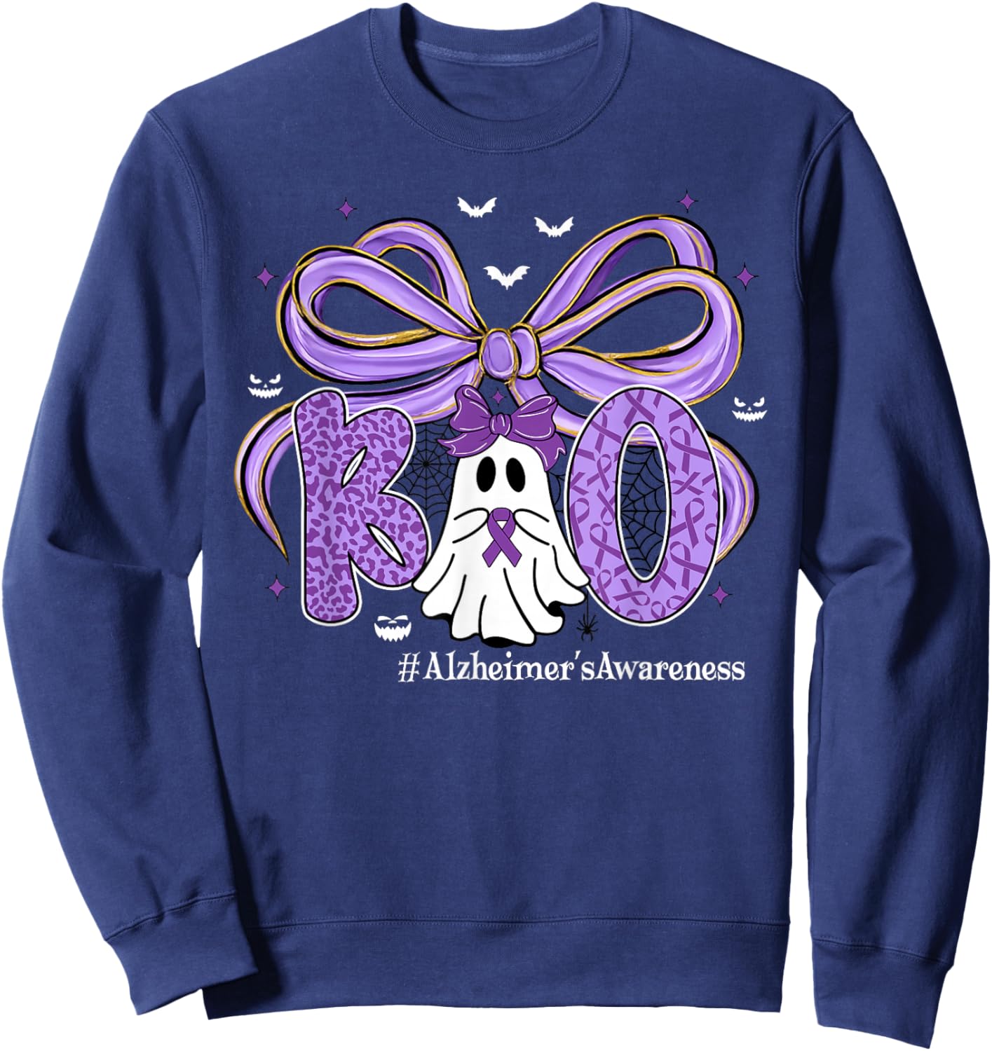 Purple Coquette Ghost Boo Alzheimer's Awareness Halloween Sweatshirt - Sweatshirt | Navy