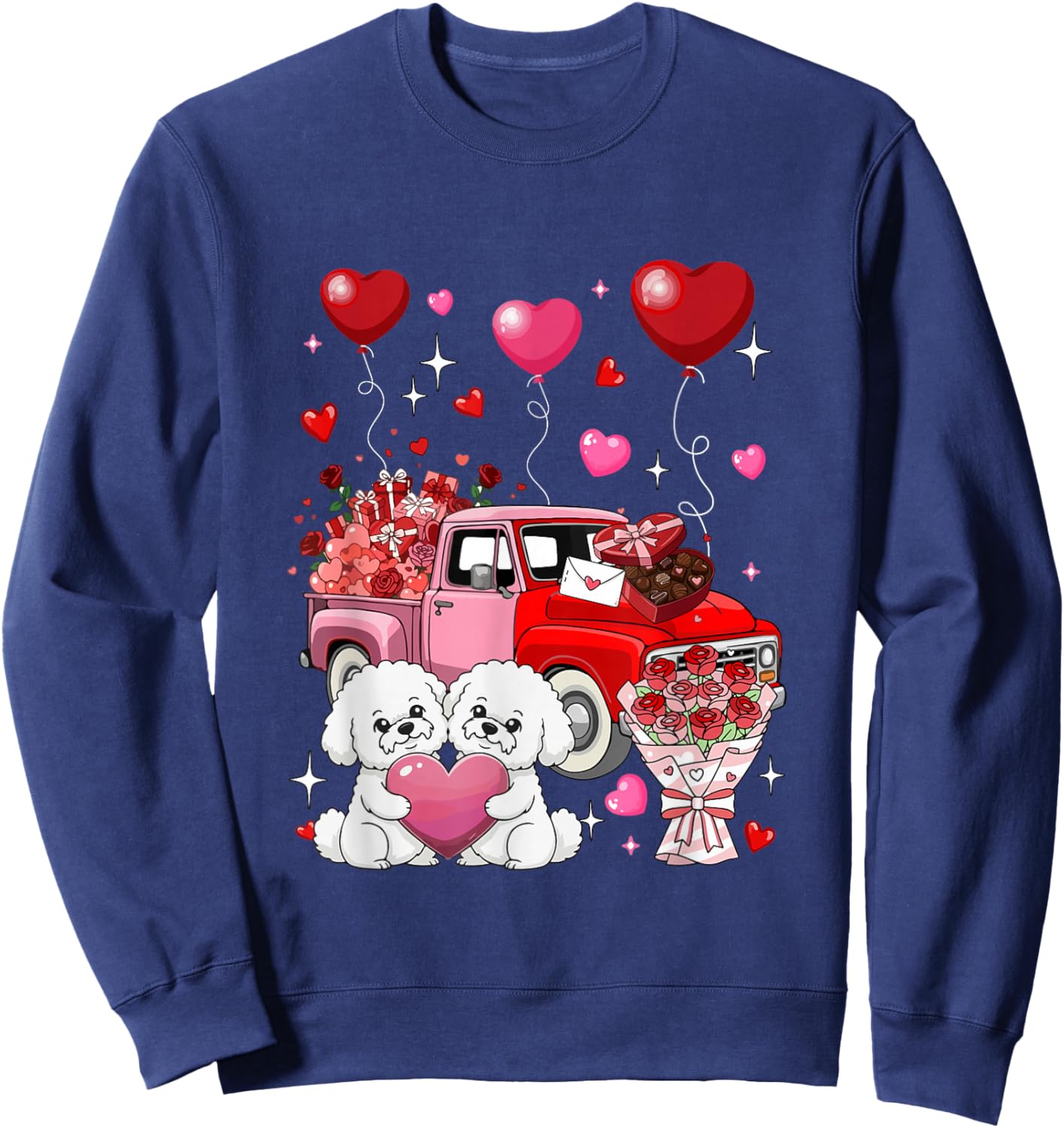 Couple Bichon Frises Valentine Hearts Tree Pickup Truck Sweatshirt - Sweatshirt | Navy