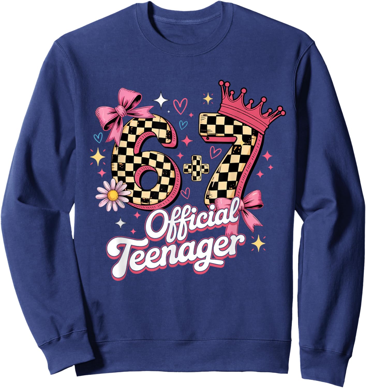 Pink Checkered 13th Birthday 6+7 13 Official Teenager Girls Sweatshirt - Sweatshirt | Navy