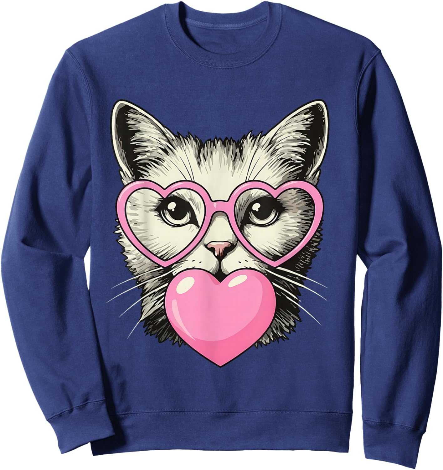 Cute Cat Blowing Pink Valentine Heart Bubble Gum Sweatshirt - Sweatshirt | Navy