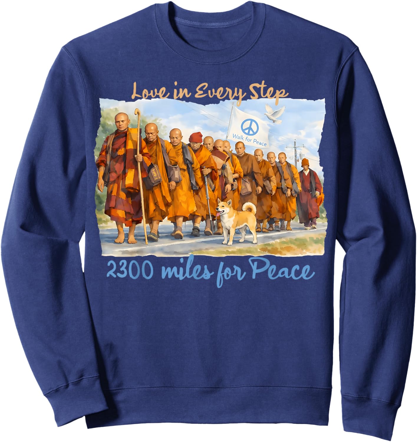 Minimalist Zen Art Walk for Peace Monks with Aloka Dog Sweatshirt - Sweatshirt | Navy