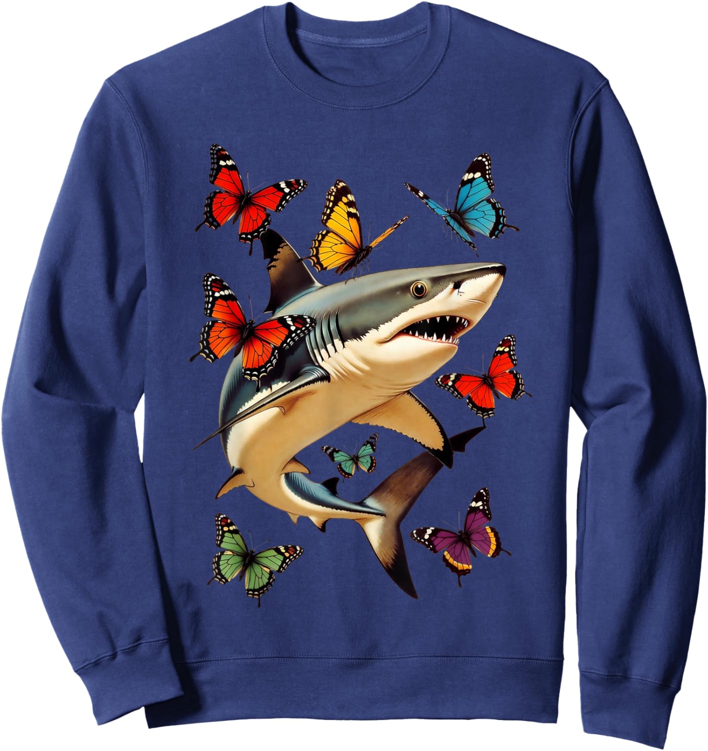 Funny Shark with Butterflies Retro Graphic Ocean Lovers Sweatshirt - Sweatshirt | Navy
