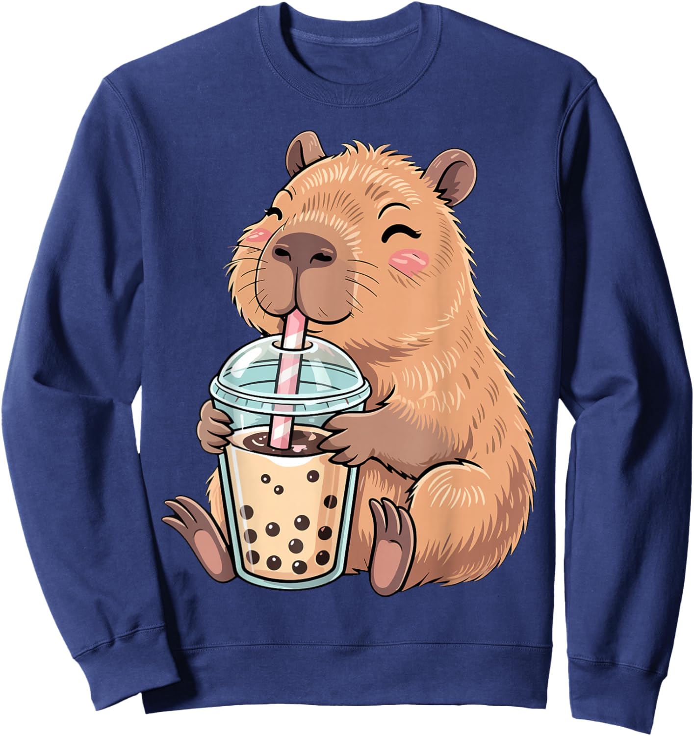 Cute Capybara Kawaii with Boba Bubble Tea Sweatshirt - Sweatshirt | Navy