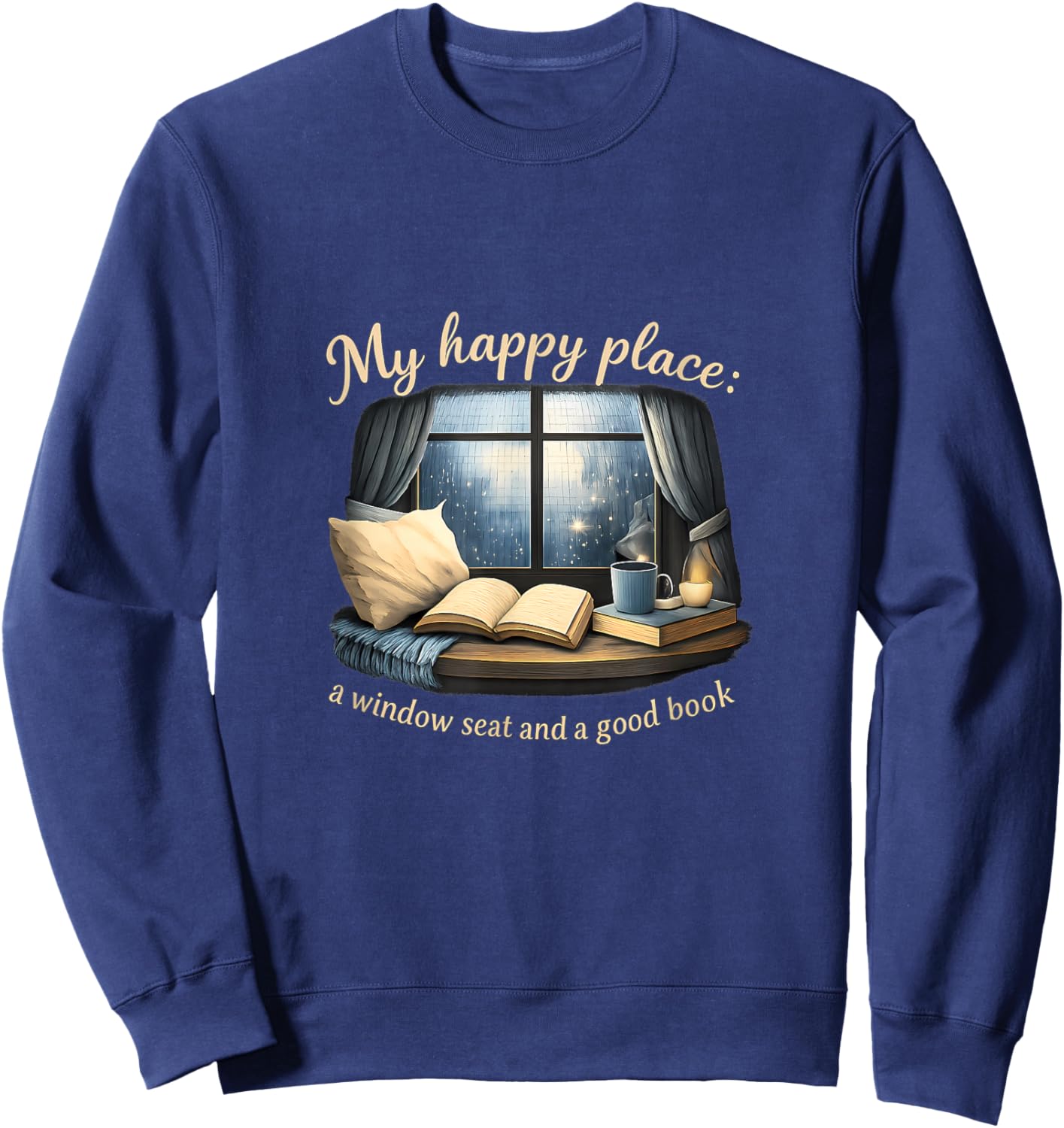 Cozy Book Lover Window Seat Happy Place Quote Sweatshirt - Sweatshirt | Navy