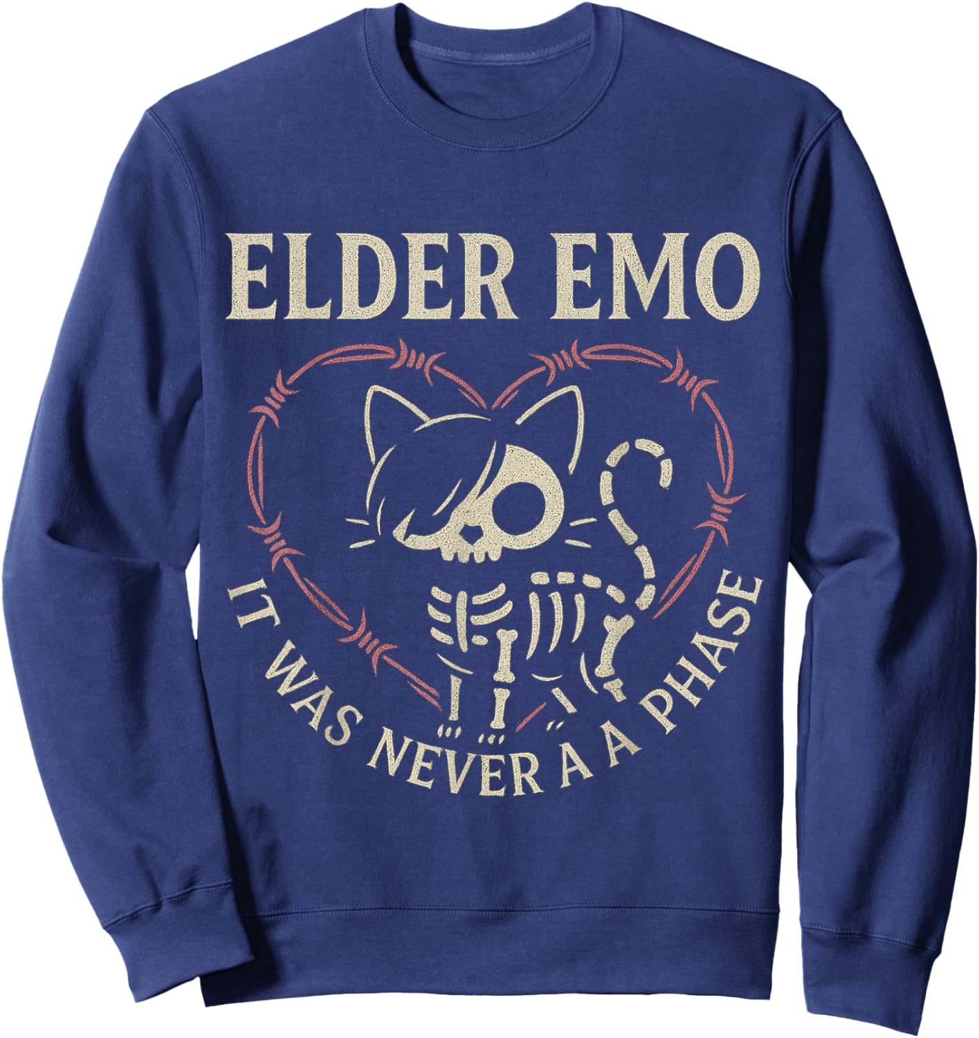 Elder Emo Never A Phase - Cat Skeleton Goth Music Design Sweatshirt - Sweatshirt | Navy