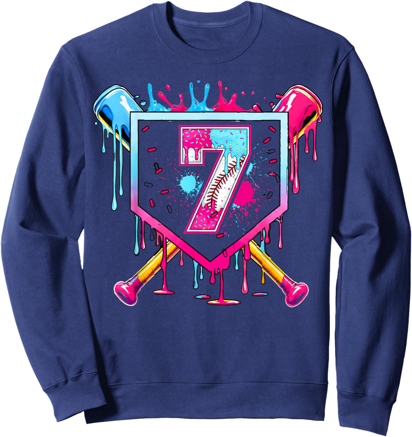 7th Birthday Boys Baseball Ice Cream Drip Boys Baseball Sweatshirt - Sweatshirt | Navy