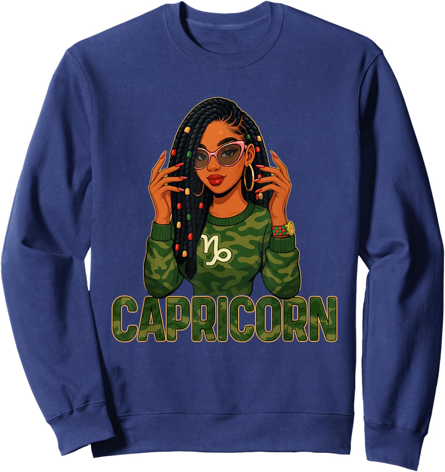 Capricorn Queen Capricorn Zodiac Sign Loc'd Afro Girl Sweatshirt - Sweatshirt | Navy