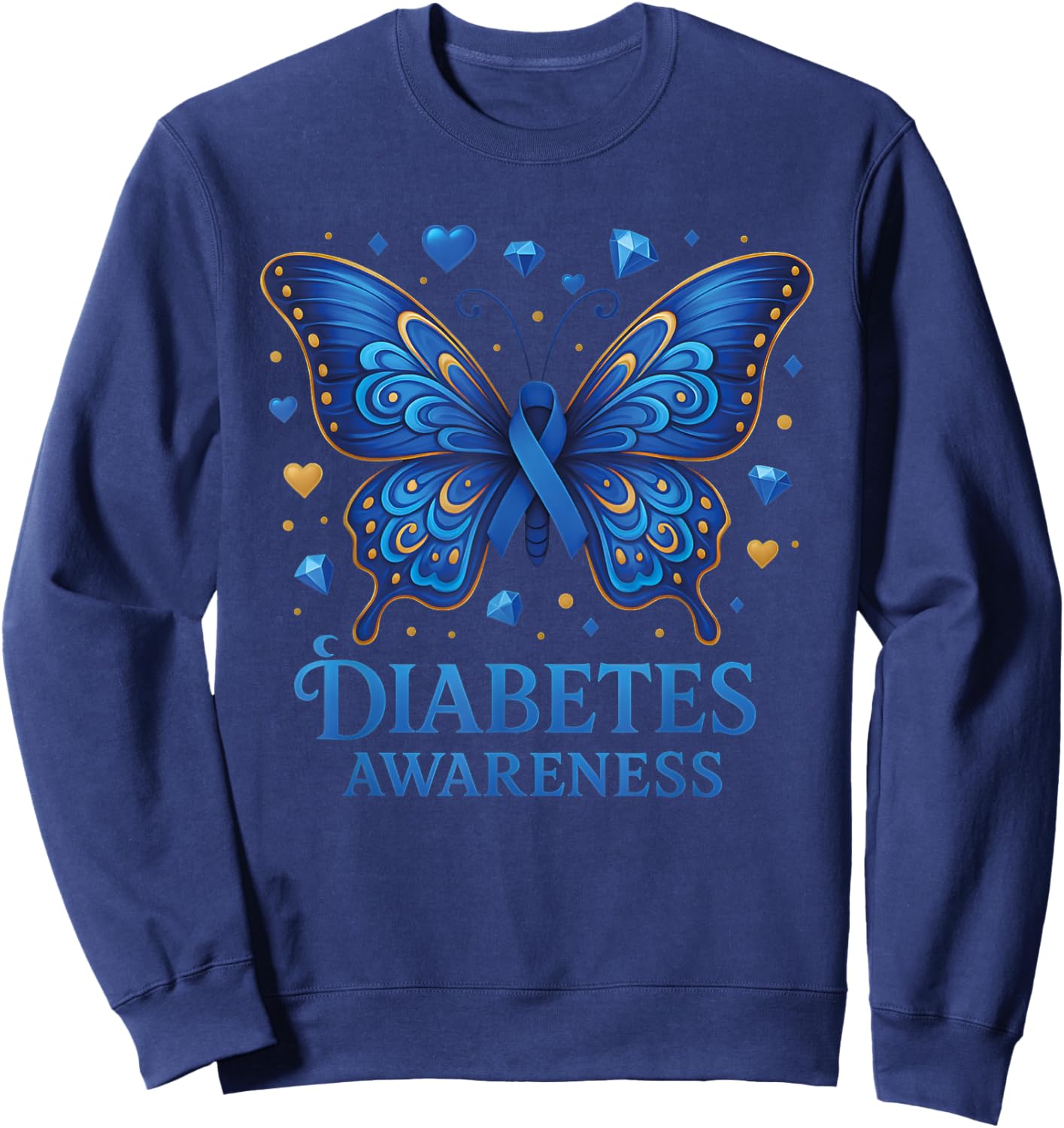 Diabetes Awareness Butterfly Blue Ribbon T1D Sweatshirt - Sweatshirt | Navy