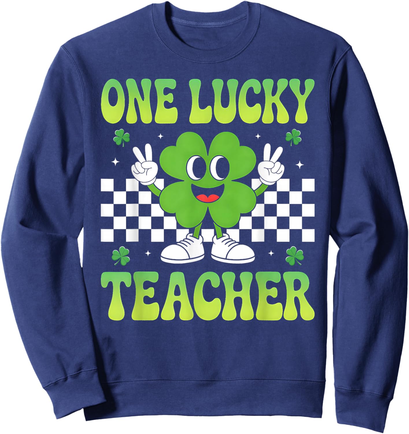 Groovy One Lucky Teacher Retro Shamrock St Patricks Day Sweatshirt - Sweatshirt | Navy