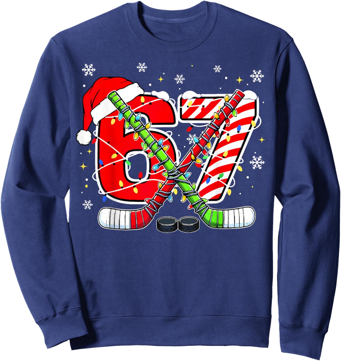 Funny 67 Santa Hat Candy Cane Ice Hockey Six Seven Christmas Sweatshirt - Sweatshirt | Navy