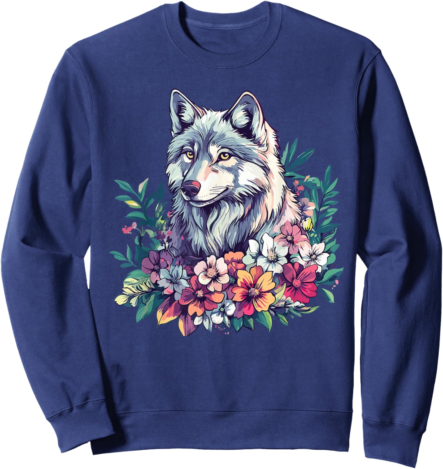 Mystic Wolf with Colorful Floral Bouquet Sweatshirt - Sweatshirt | Navy