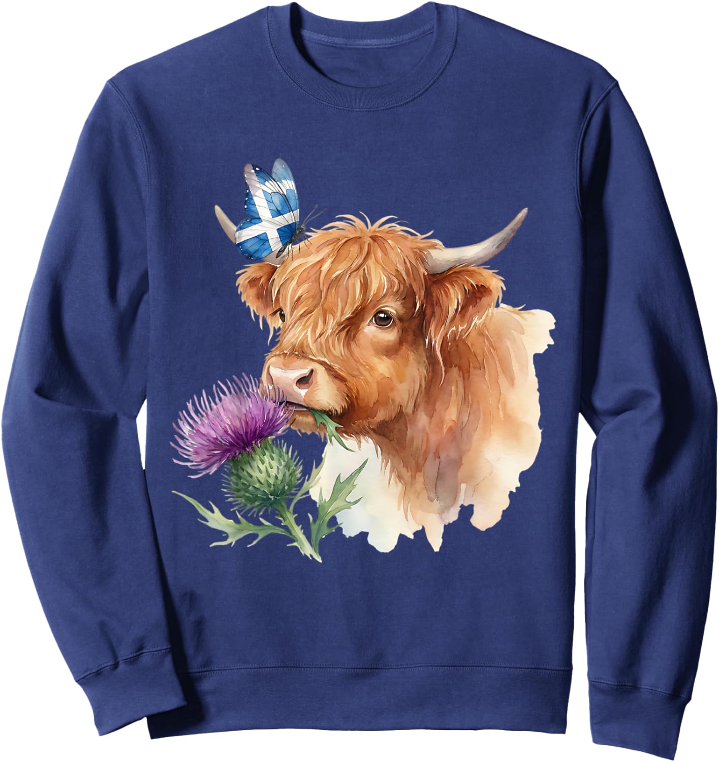 Scottish Highland Cow Thistle Scotland Flag Saltire Wings Sweatshirt - Sweatshirt | Navy