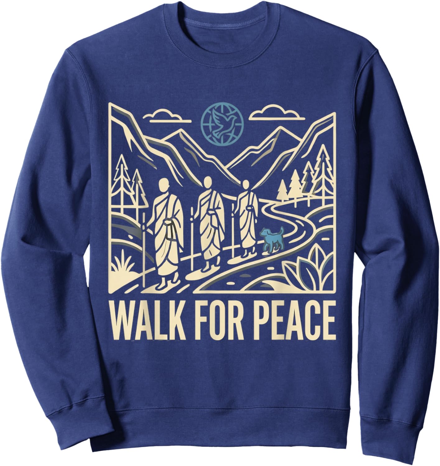 Walk for Peace Aloka Monks Dog Dove Globe Line Art Sweatshirt - Sweatshirt | Navy