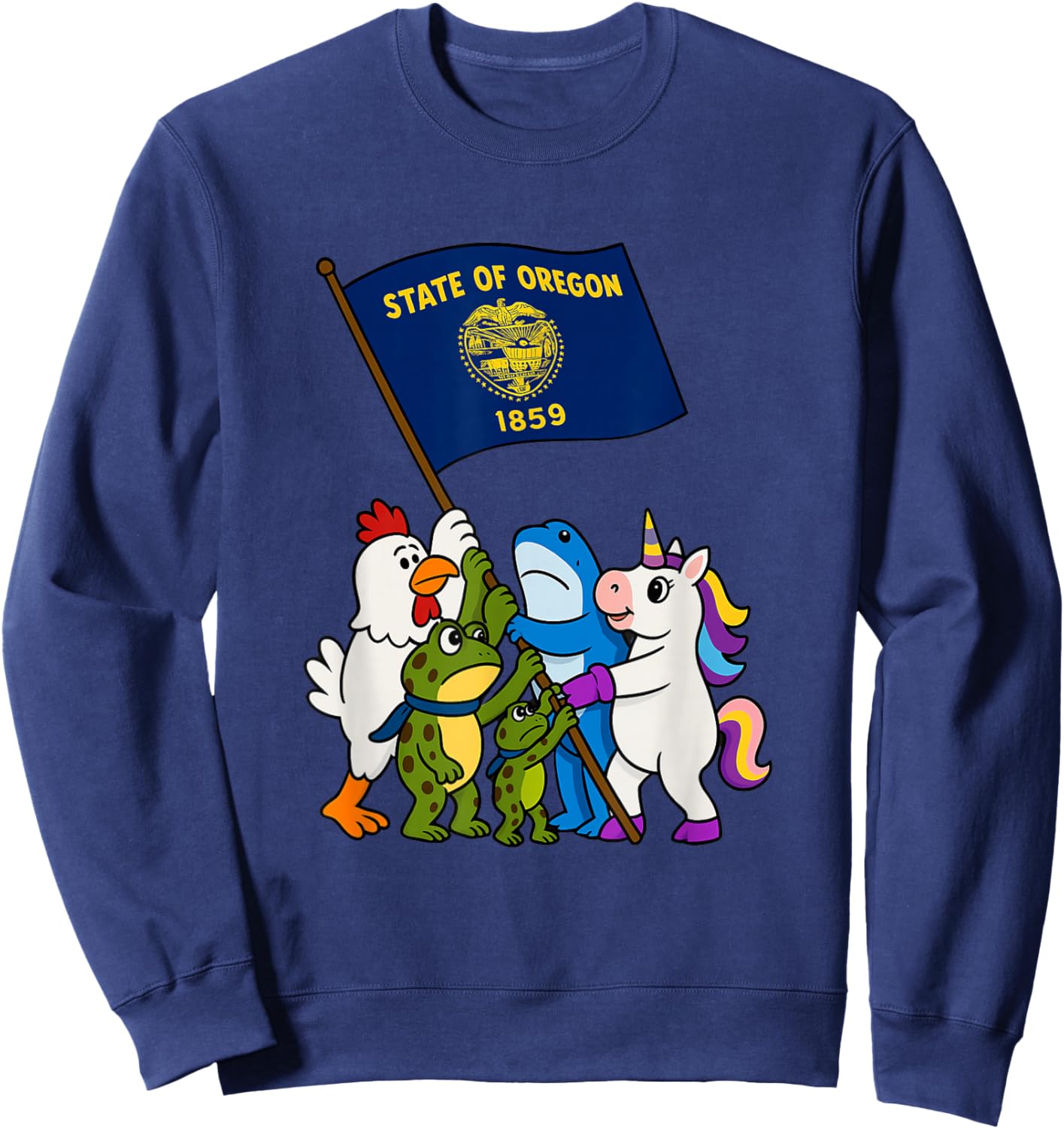 Cute Portland Frog Shark and Unicorn Together & Oregon Flag Sweatshirt - Sweatshirt | Navy