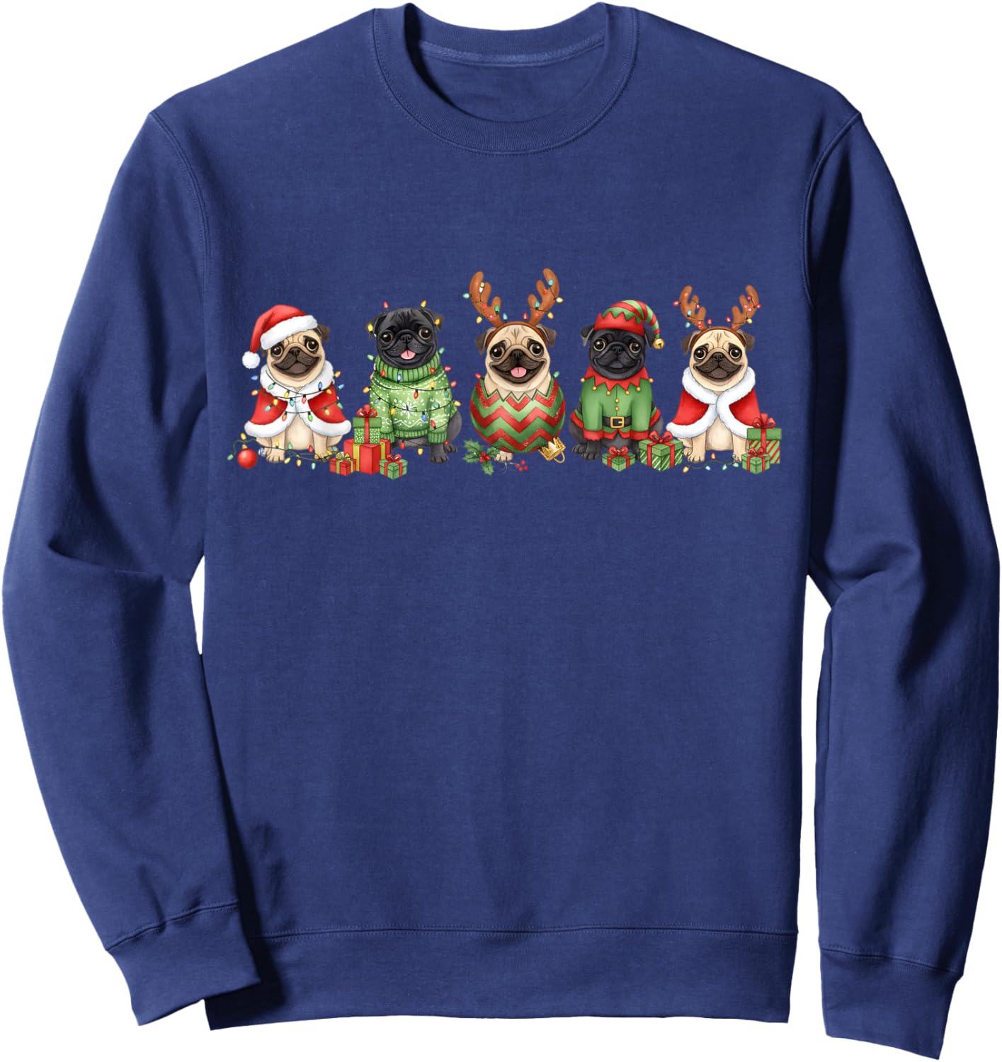 Pug Dogs Christmas Lights Pugmas Santa Dog Lover Gifts Sweatshirt - Sweatshirt | Navy