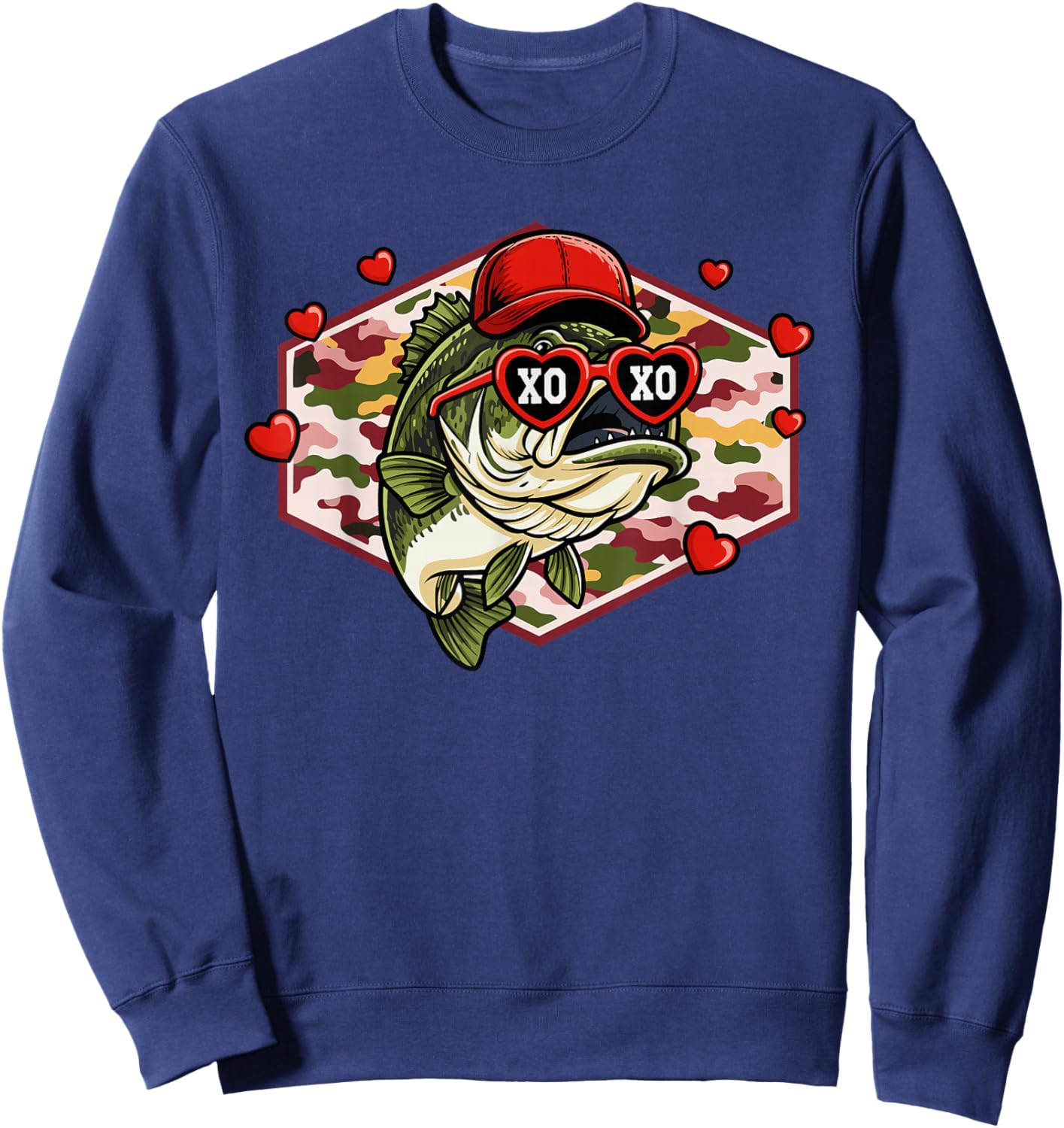Men Boys Retro Valentines Fishing XOXO Camo Bass Sweatshirt - Sweatshirt | Navy