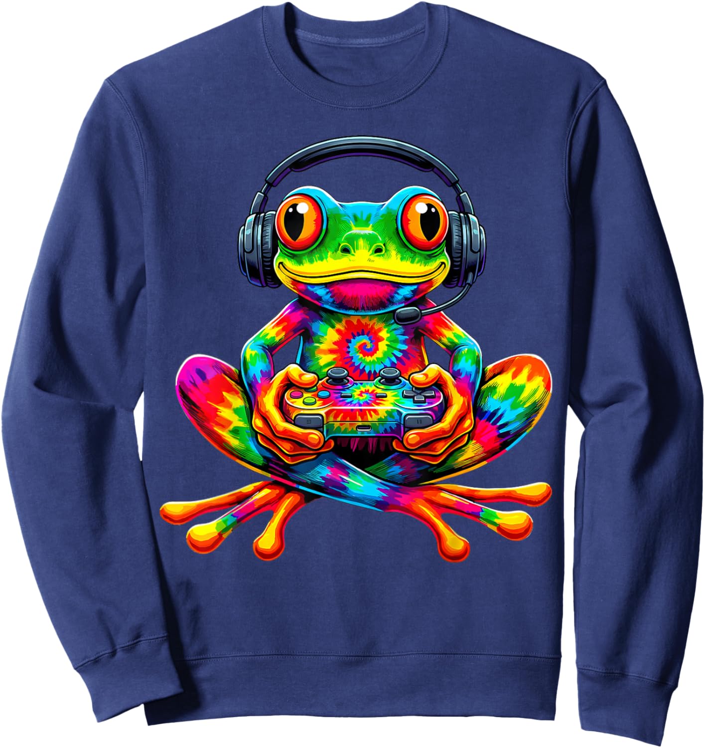 Tie-Dye Frog Gamer Peace Sign Hippie Funny Video Gaming Sweatshirt - Sweatshirt | Navy