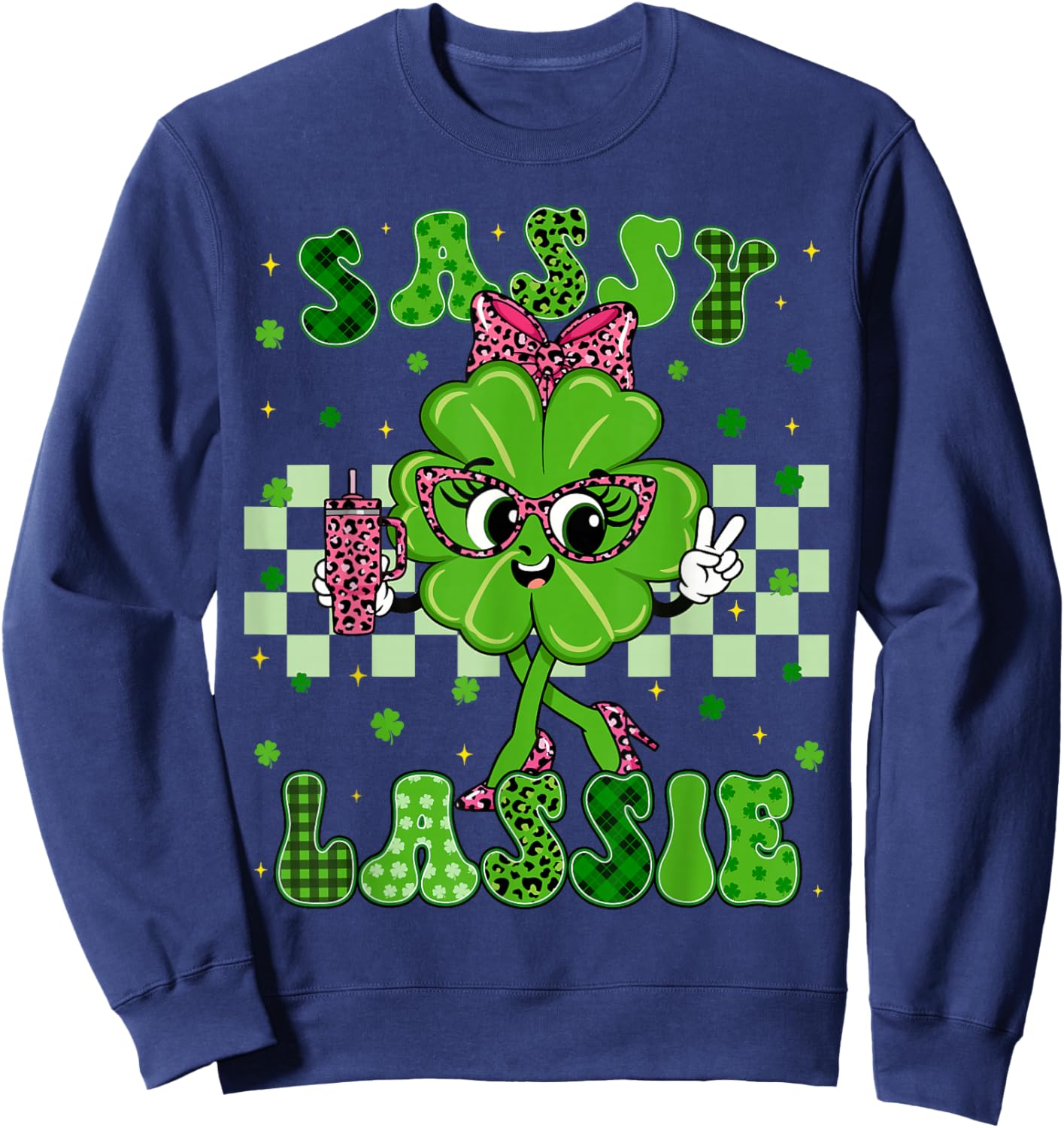 Funny Sassy Lassie Shamrock Leopard St Patricks Women Girl Sweatshirt - Sweatshirt | Navy