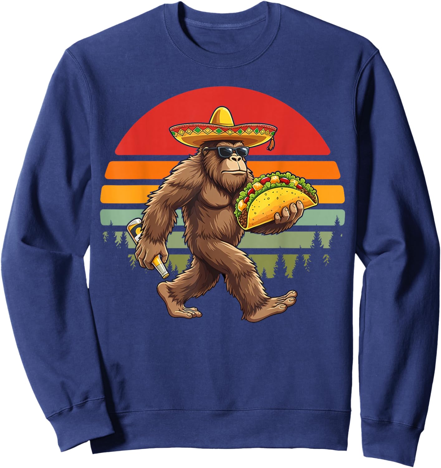 Sasquatch Bigfoot Taco Mexican Sombrero Sunset Retro Men Sweatshirt - Sweatshirt | Navy