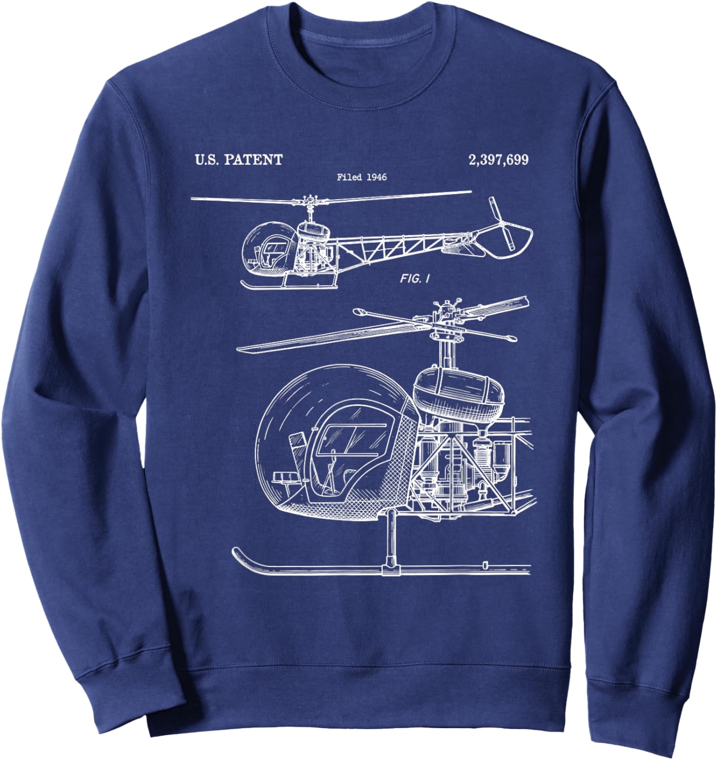 Vintage Helicopter Patent 1946 Bell 47 Pilot Blueprint Sweatshirt - Sweatshirt | Navy