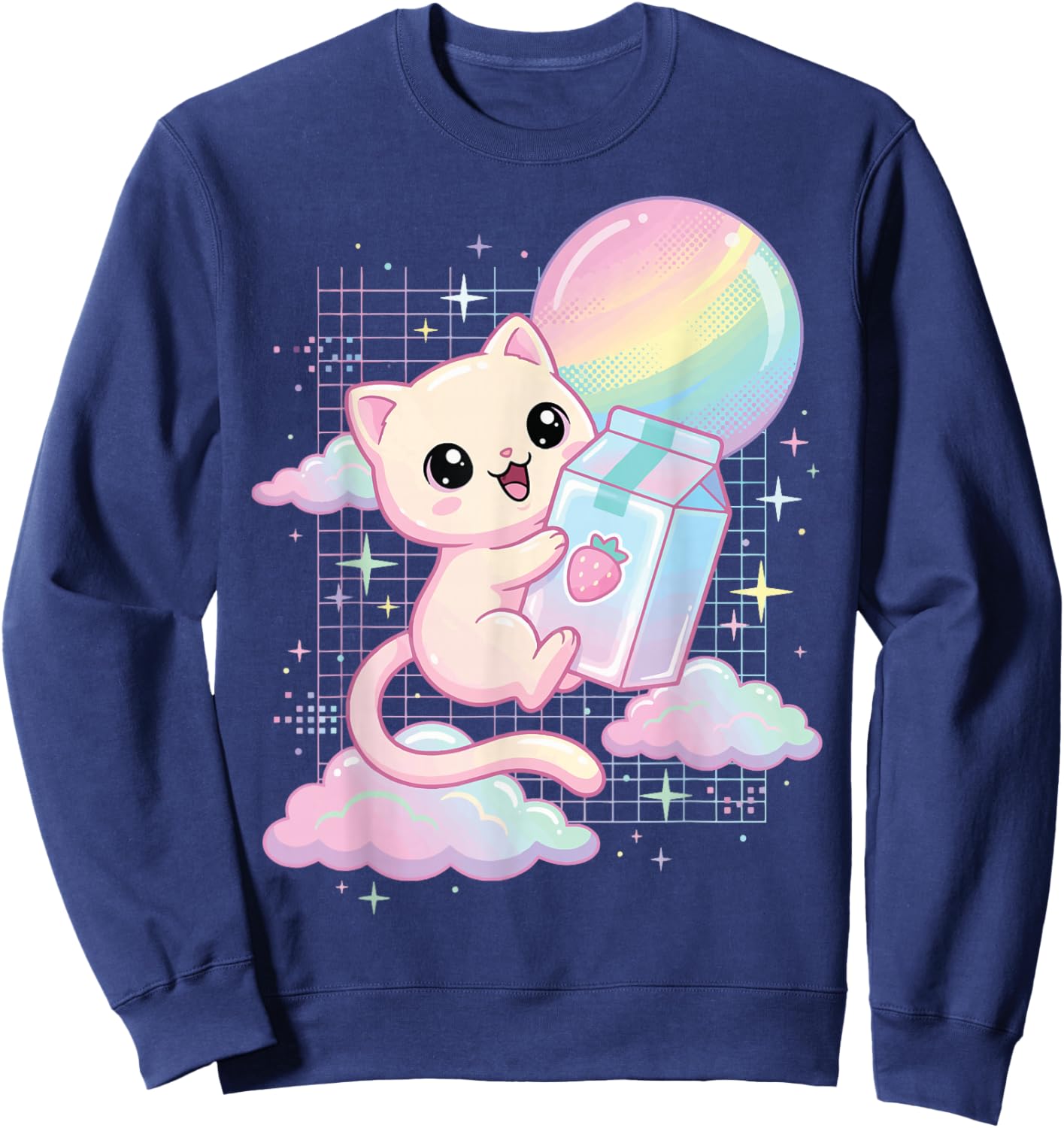 Kawaii Cat Strawberry Milk Aesthetic Sweatshirt - Sweatshirt | Navy