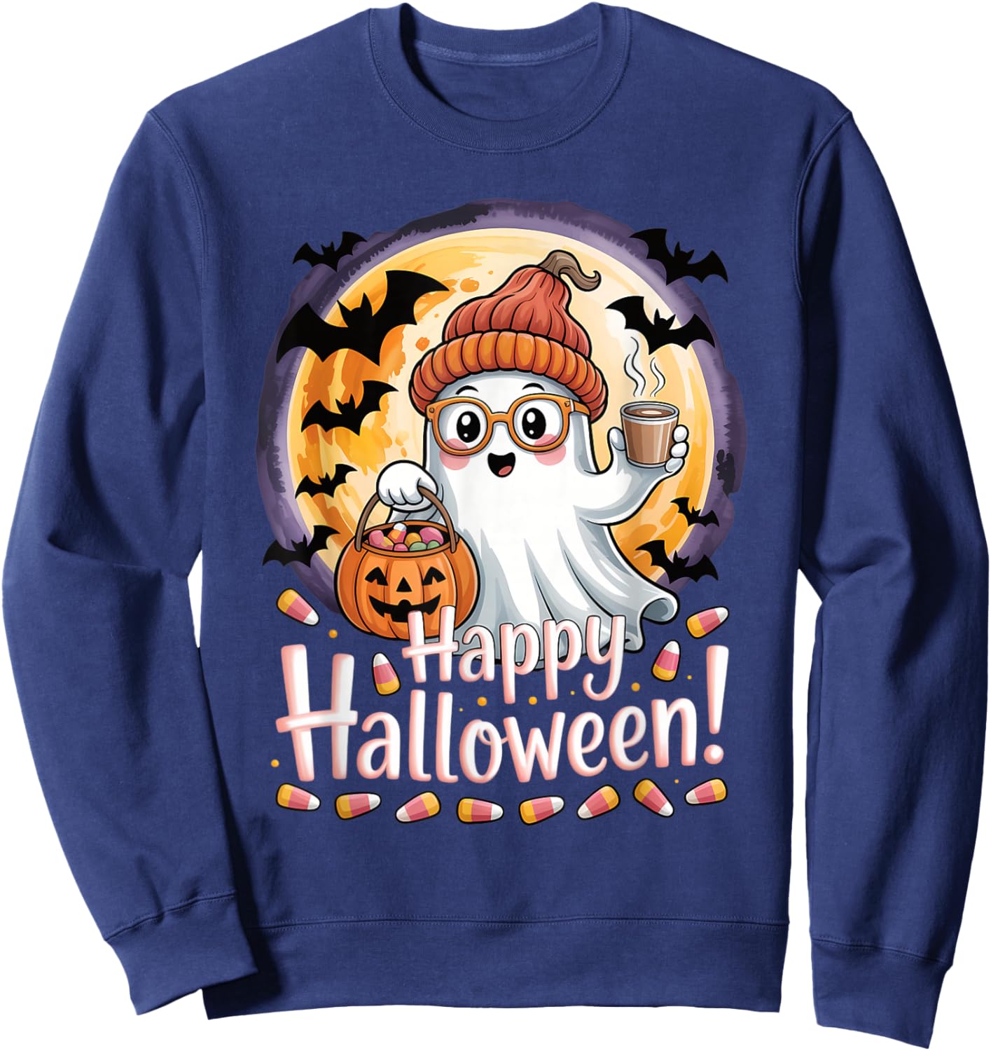 Halloween Cute Ghost Pumpkin Bats Moon Girls Kids Women Sweatshirt - Sweatshirt | Navy