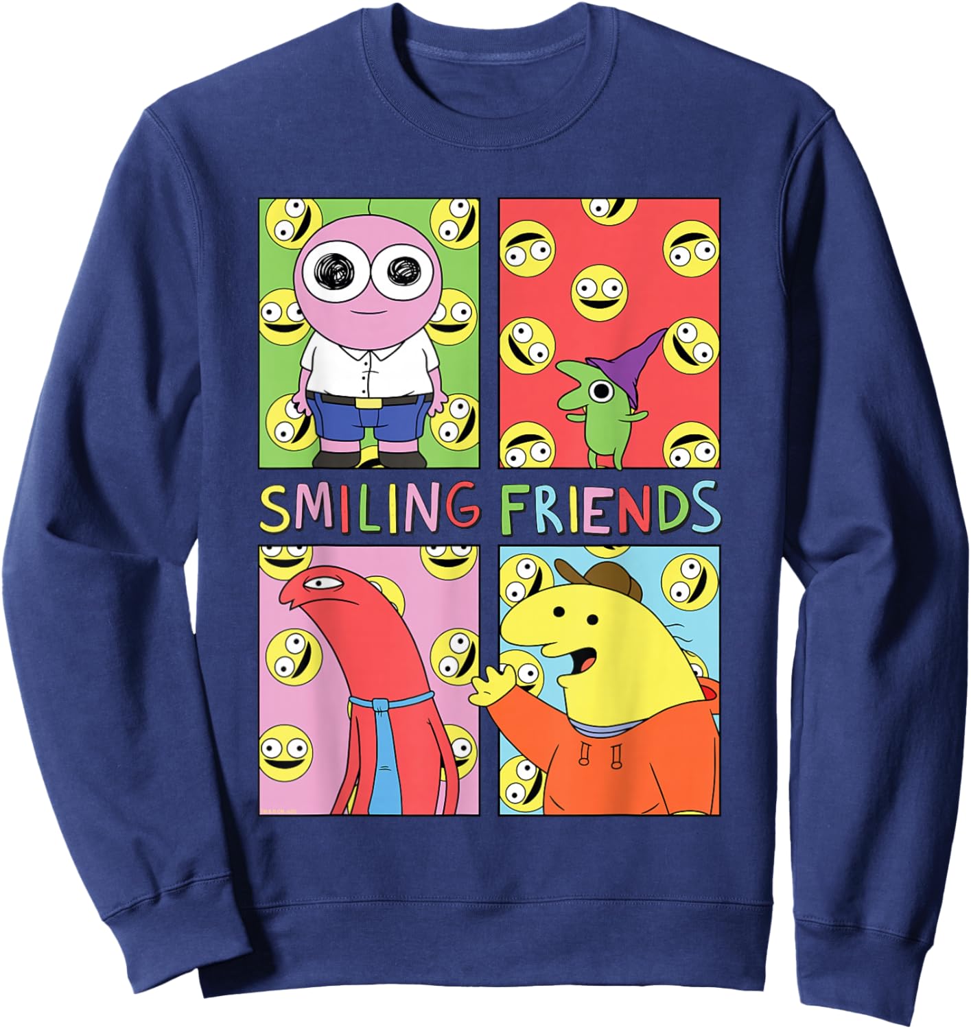 Smiling Friends Pop Art Character Grid Funny Cartoon Sweatshirt - Sweatshirt | Navy