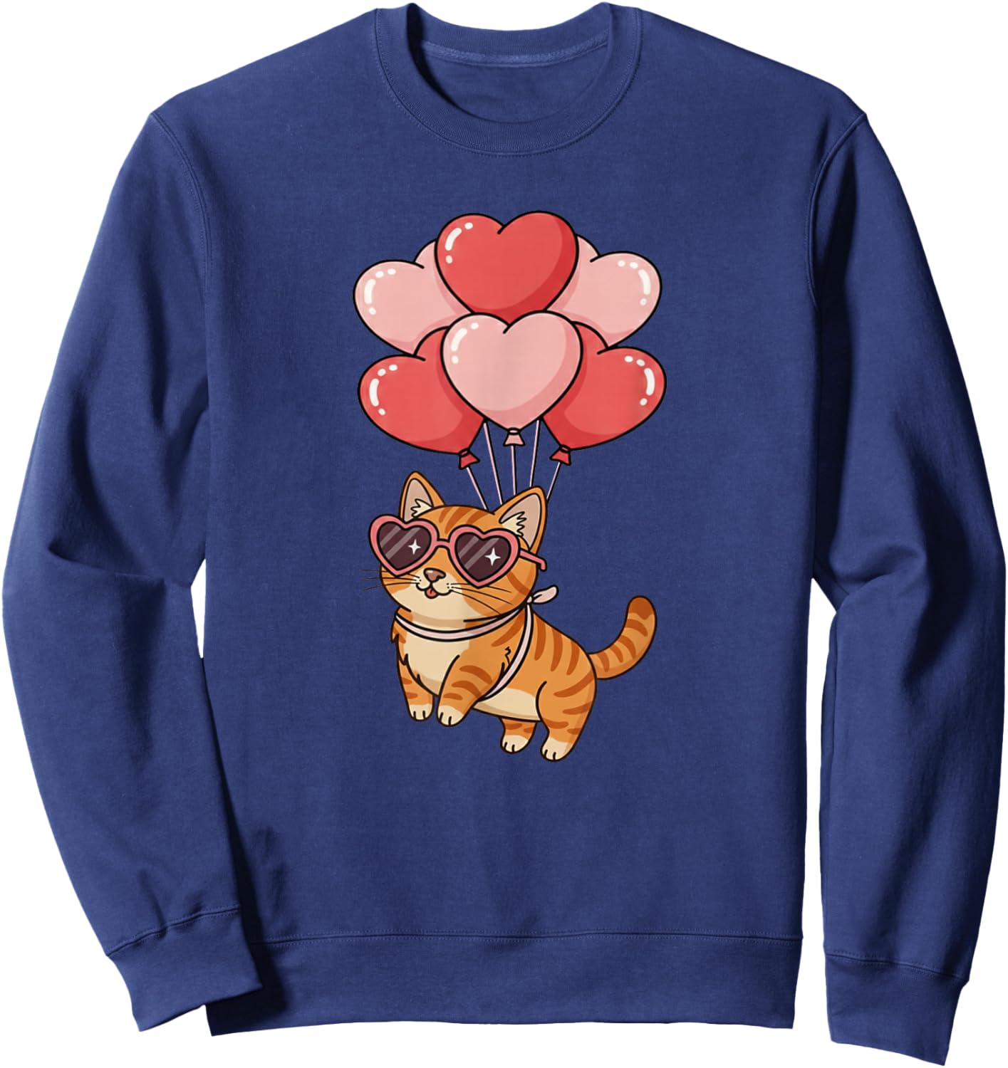 Girls Valentines Day Heart Balloons Orange Tabby Cat Sweatshirt - Sweatshirt | Navy