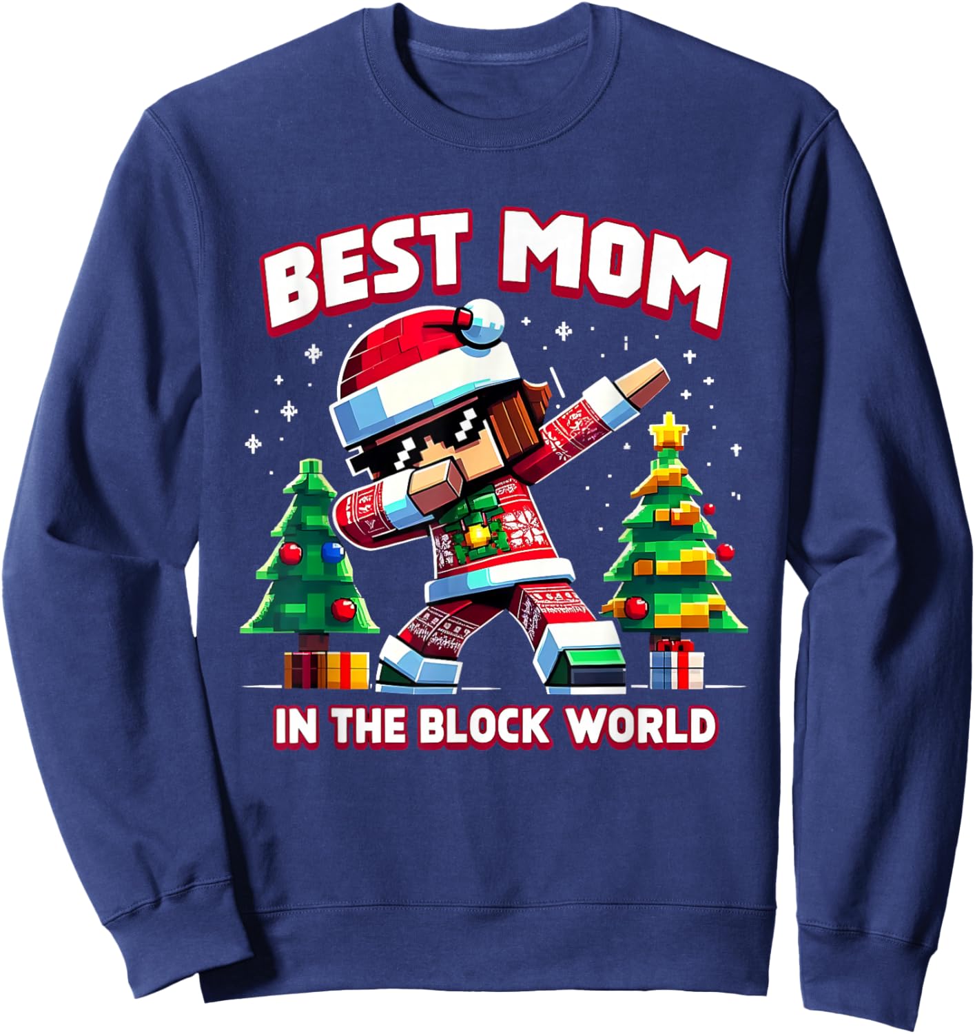 Best Mom in The Block World Christmas Pixel Gamer Gift Sweatshirt - Sweatshirt | Navy