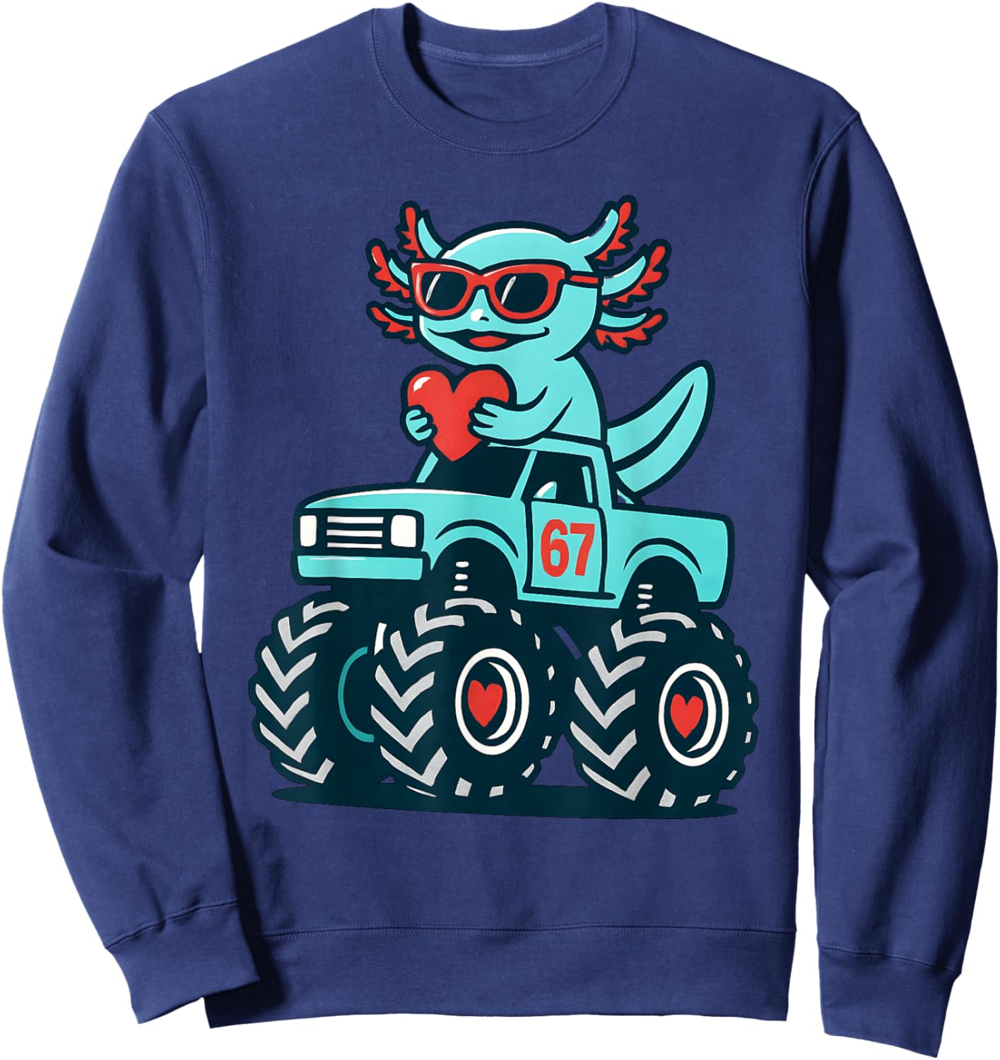 Valentines Day Axolotl 67 Meme Riding Truck Six Seven Kids Sweatshirt - Sweatshirt | Navy