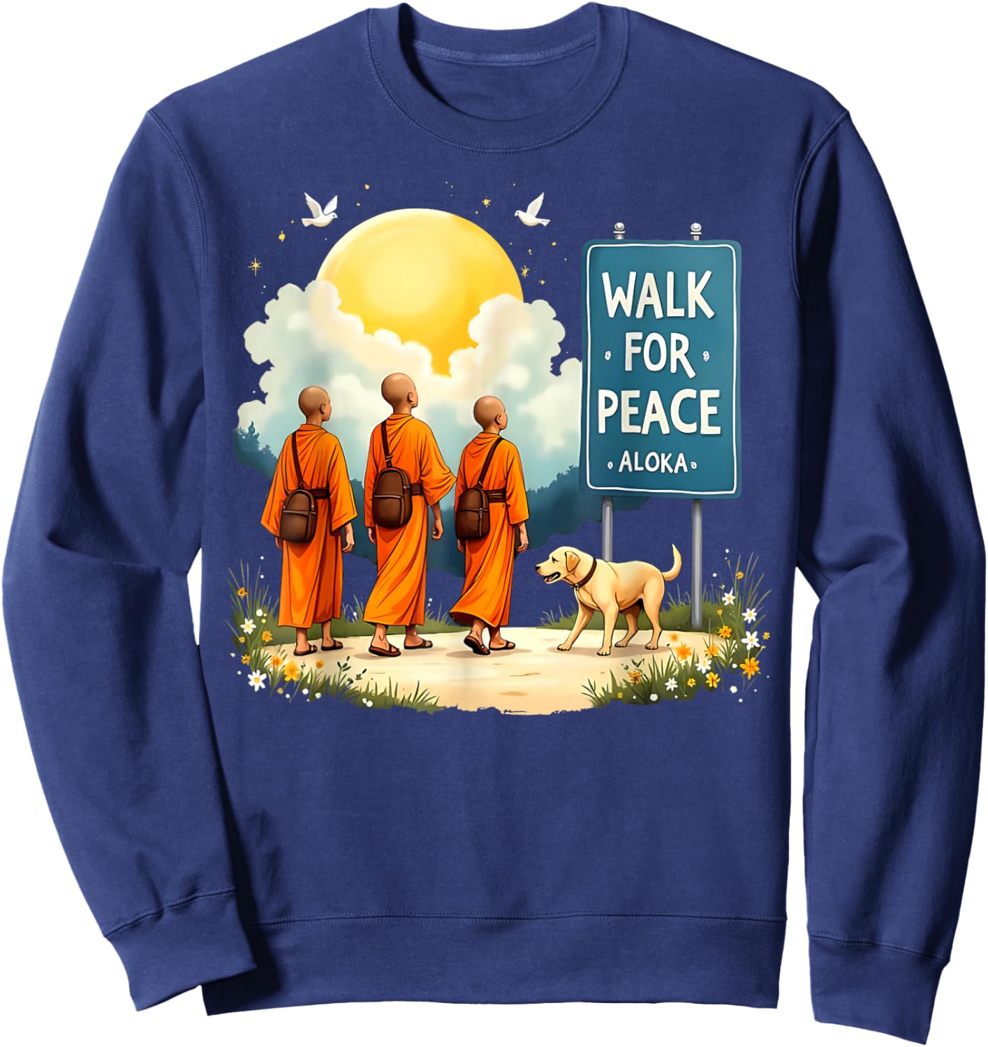 Retro Walk for Peace Monks with Aloka Dog Minimalist Zen Art Sweatshirt - Sweatshirt | Navy