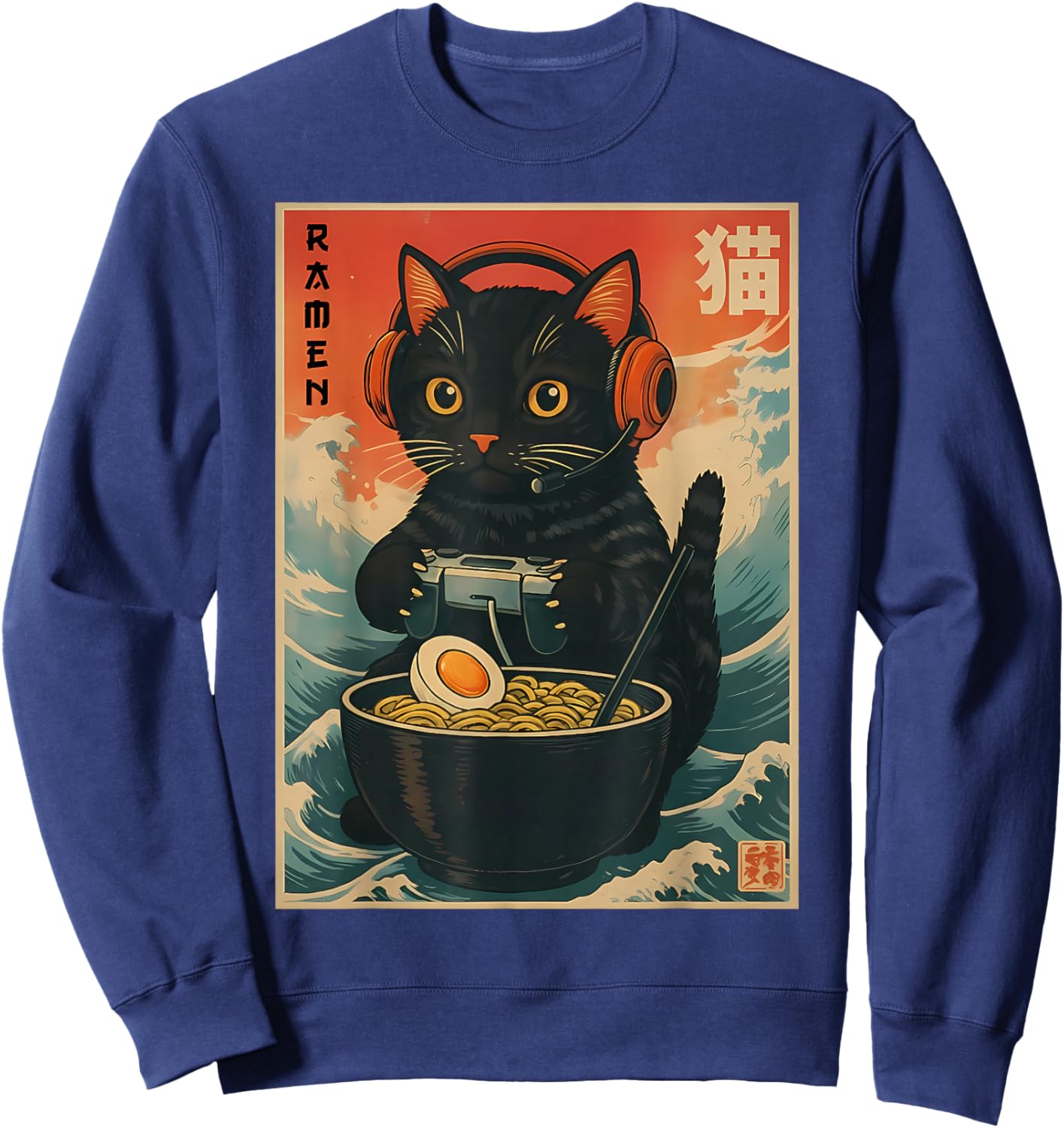 Kawaii Gamer Cat Funny Ramen Retro Japanese Cat Gaming Sweatshirt - Sweatshirt | Navy