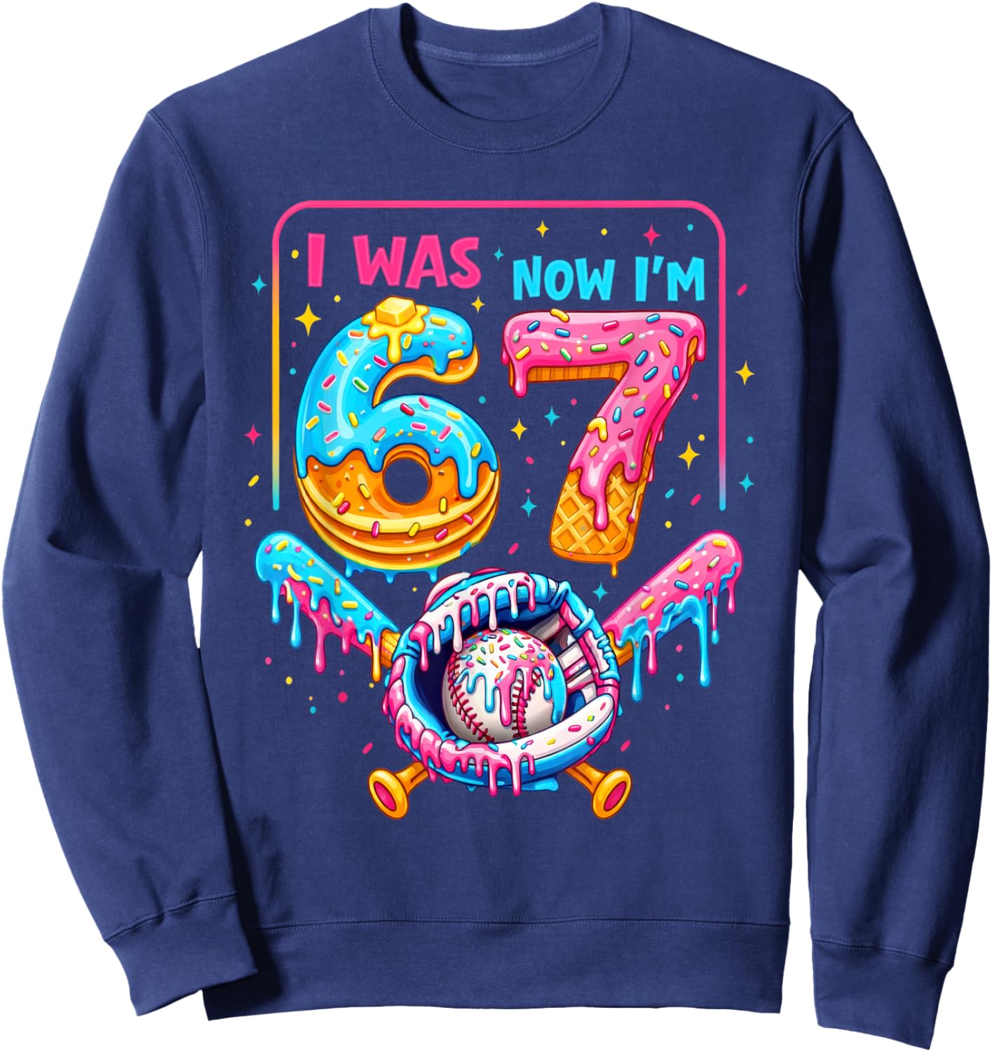 7th Birthday Boys I was 6 Now I'm 7 Baseball Ice Cream Drip Sweatshirt - Sweatshirt | Navy
