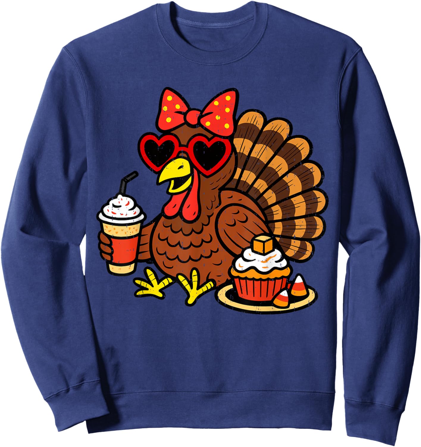 Funny Turkey Drinking Coffee Fall Thanksgiving Costume Women Sweatshirt - Sweatshirt | Navy