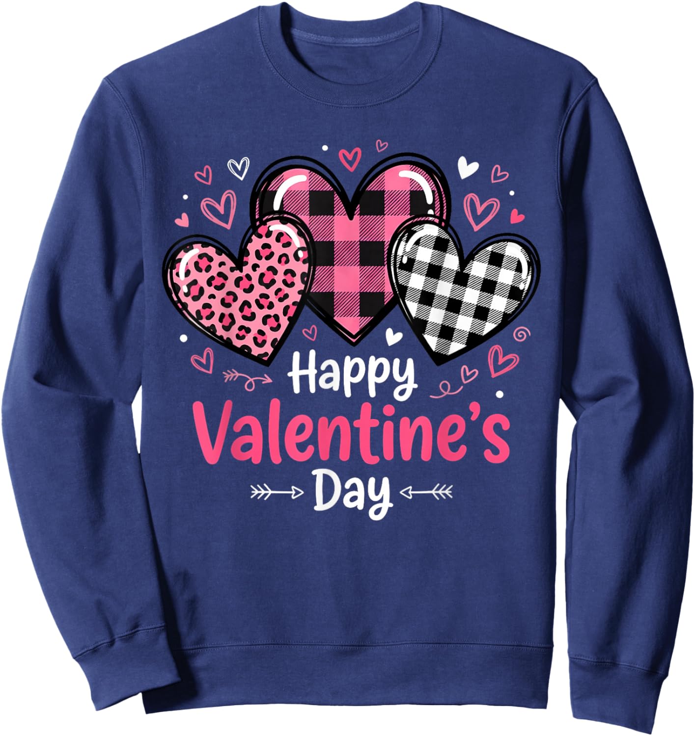 Happy Valentines Day Leopard and Plaid Love Hearts Women Sweatshirt - Sweatshirt | Navy