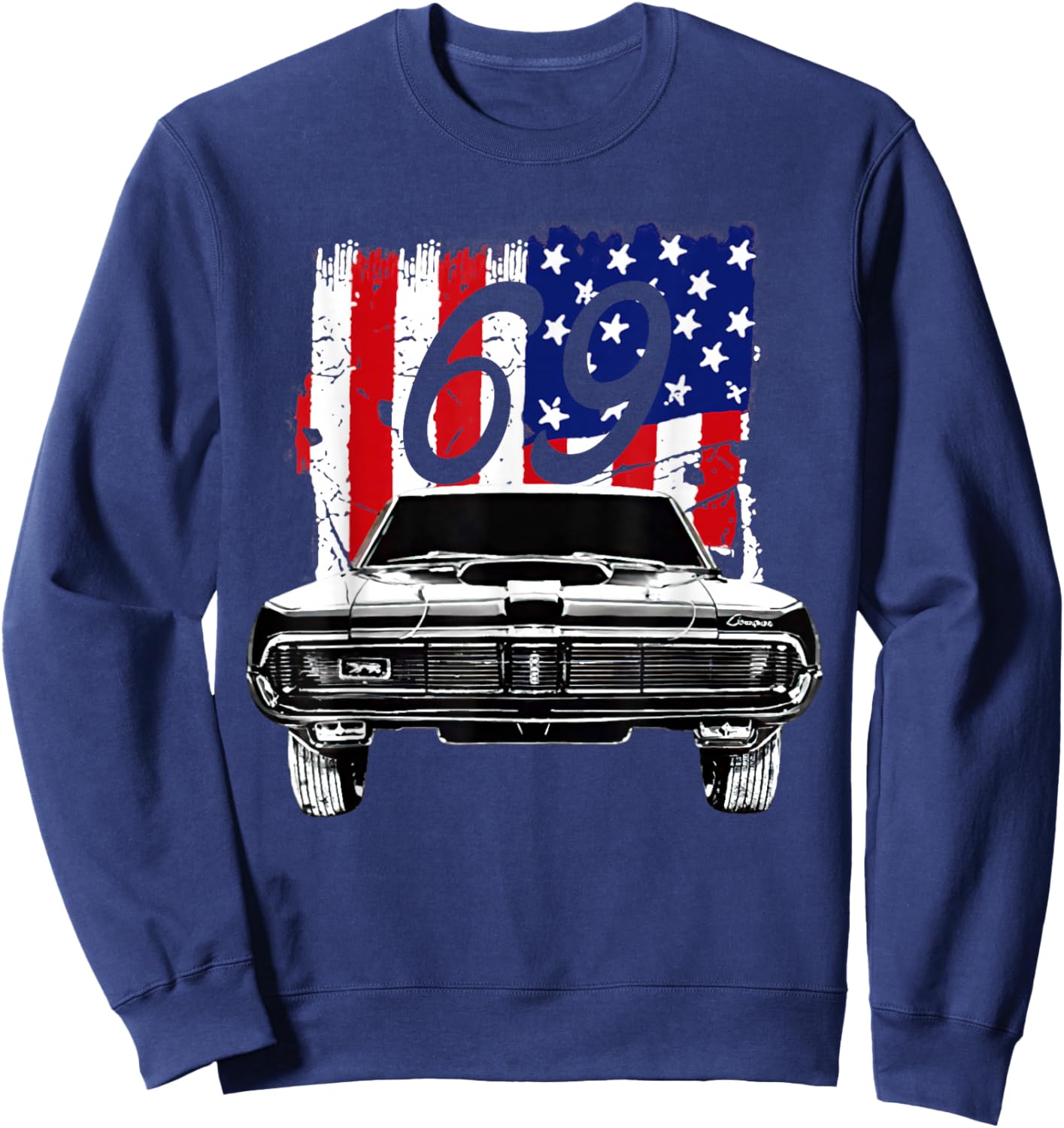 1969 69 Mercury Cougar Red Classic Vintage Old Car USA Flag Sweatshirt - Sweatshirt | Navy
